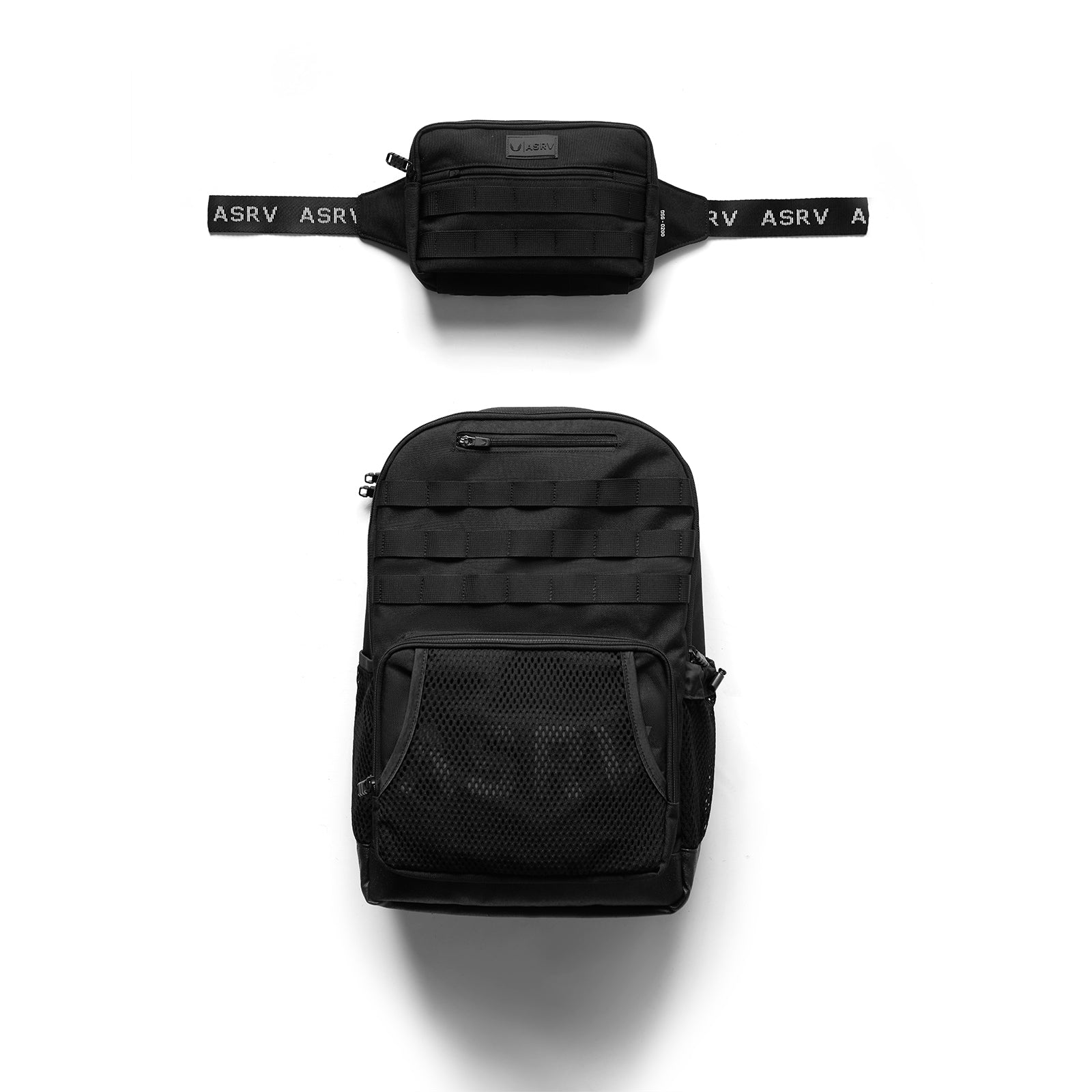 Flatlay ASRV 0200 Cordura Modular 2-in-1 Crossbody Backpack in black, front and top views