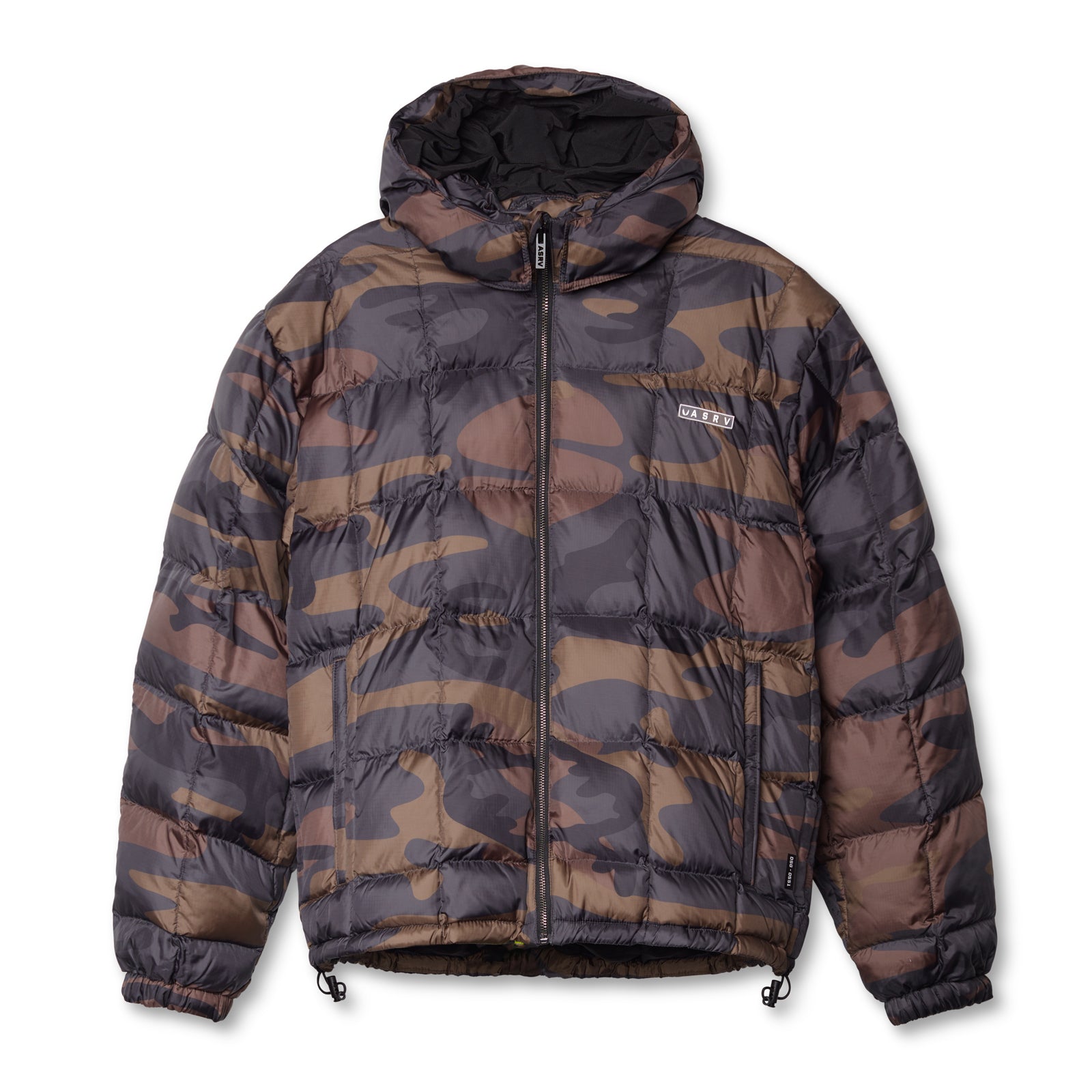 flatlay weather-ready down puffer jacket in rust camo, front view