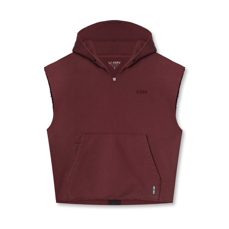 0610. French Terry Raw Hem Cutoff Hoodie - Crimson Red