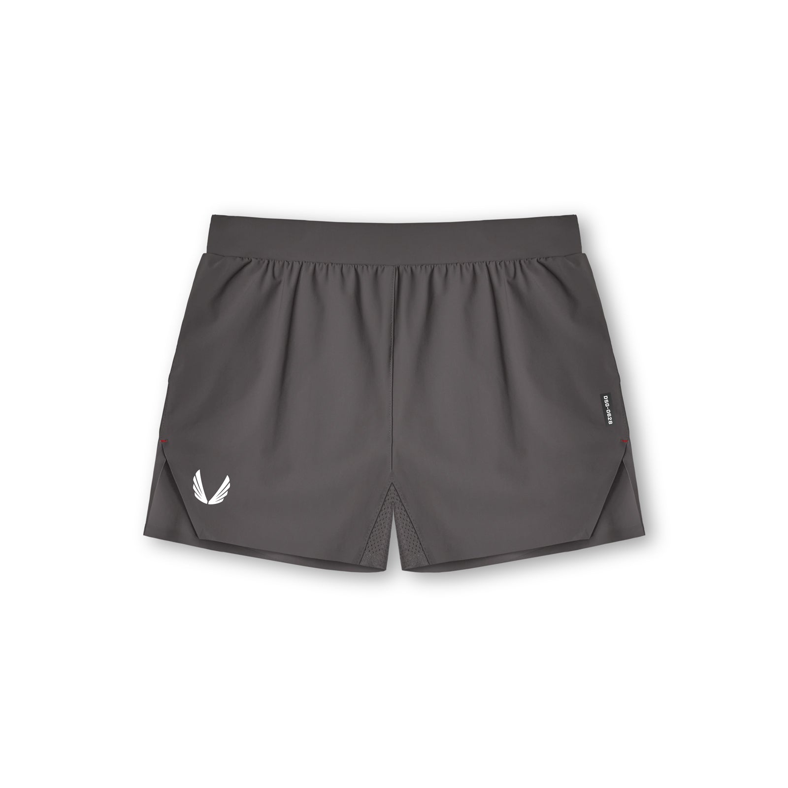 Flatlay of Tetra-Lite Laser Cut 3" shorts in space grey, front view