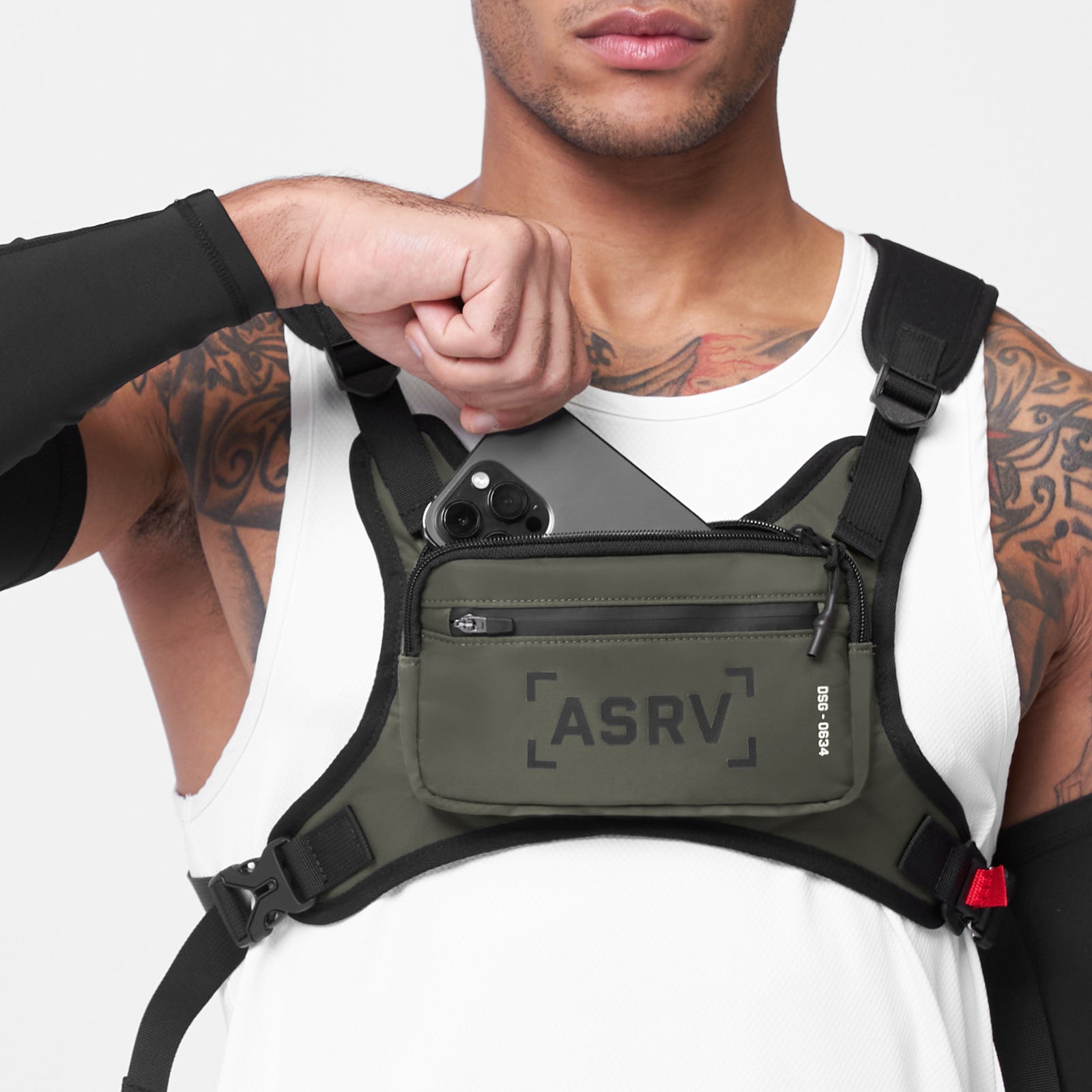 0634 Conditioning Chest Pack in olive, worn by model, front view