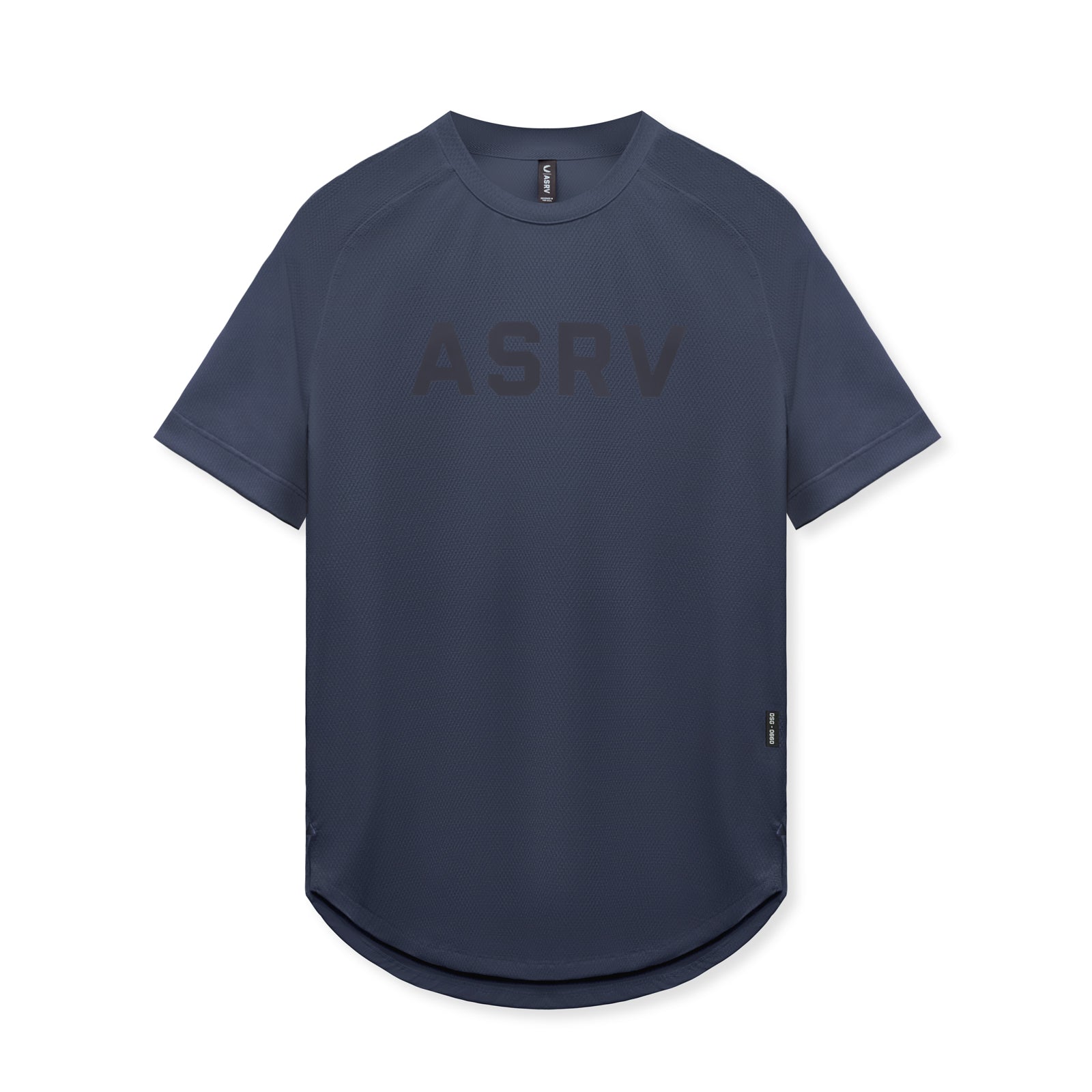 Flatlay of AeroSilver Established Tee in navy with ASRV logo, front view