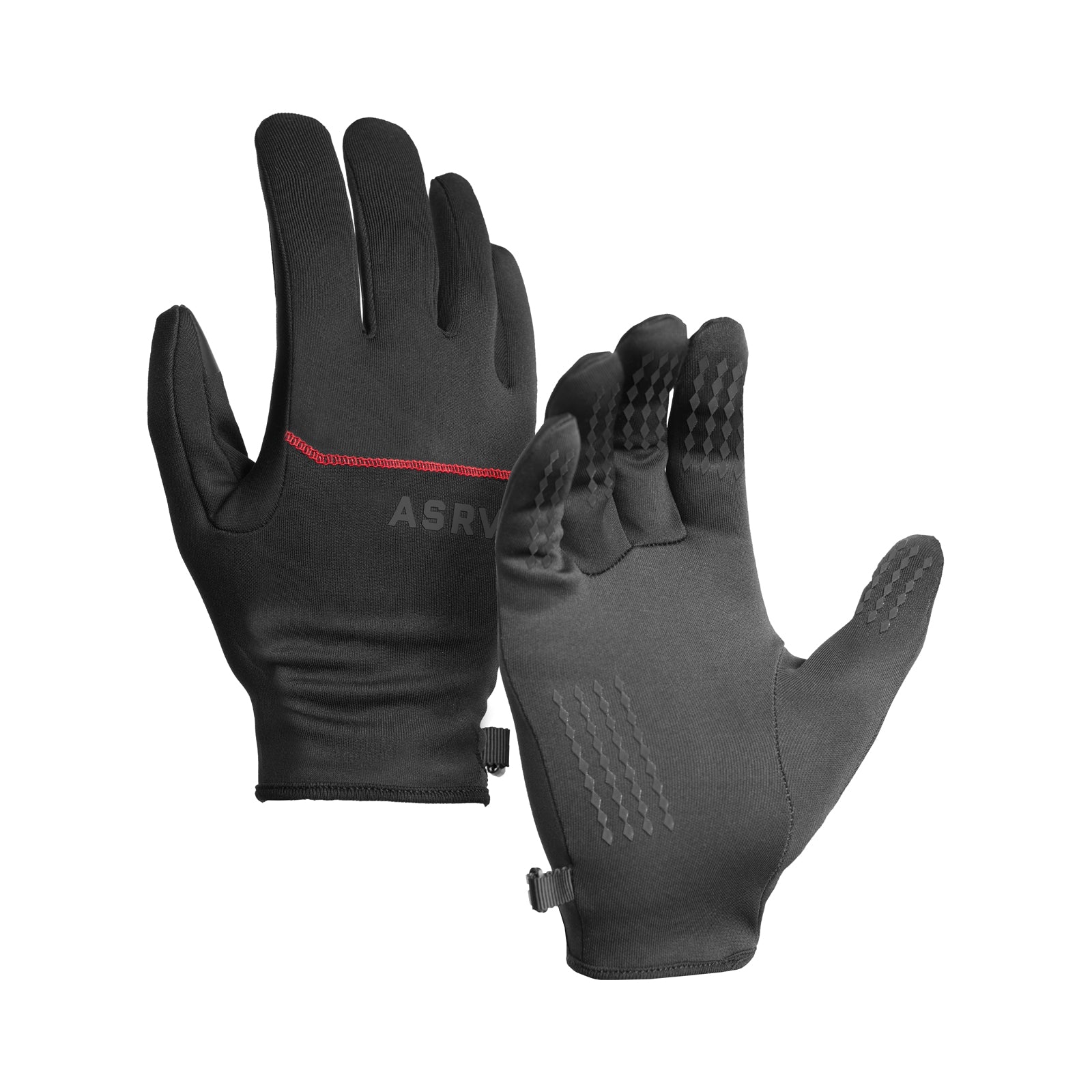 flatlay Aeroheat Lightweight Gloves in black, front and back view on white background