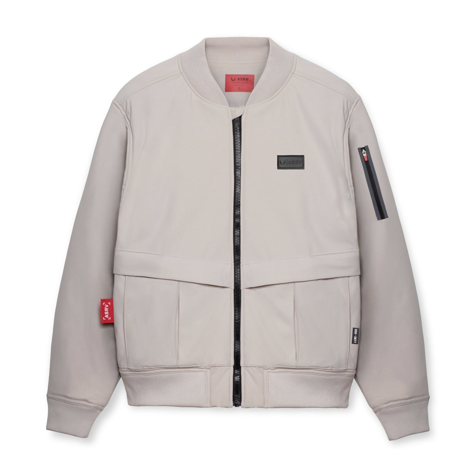 flatlay Kinterra Weatherproof Bomber Jacket in chai, front view