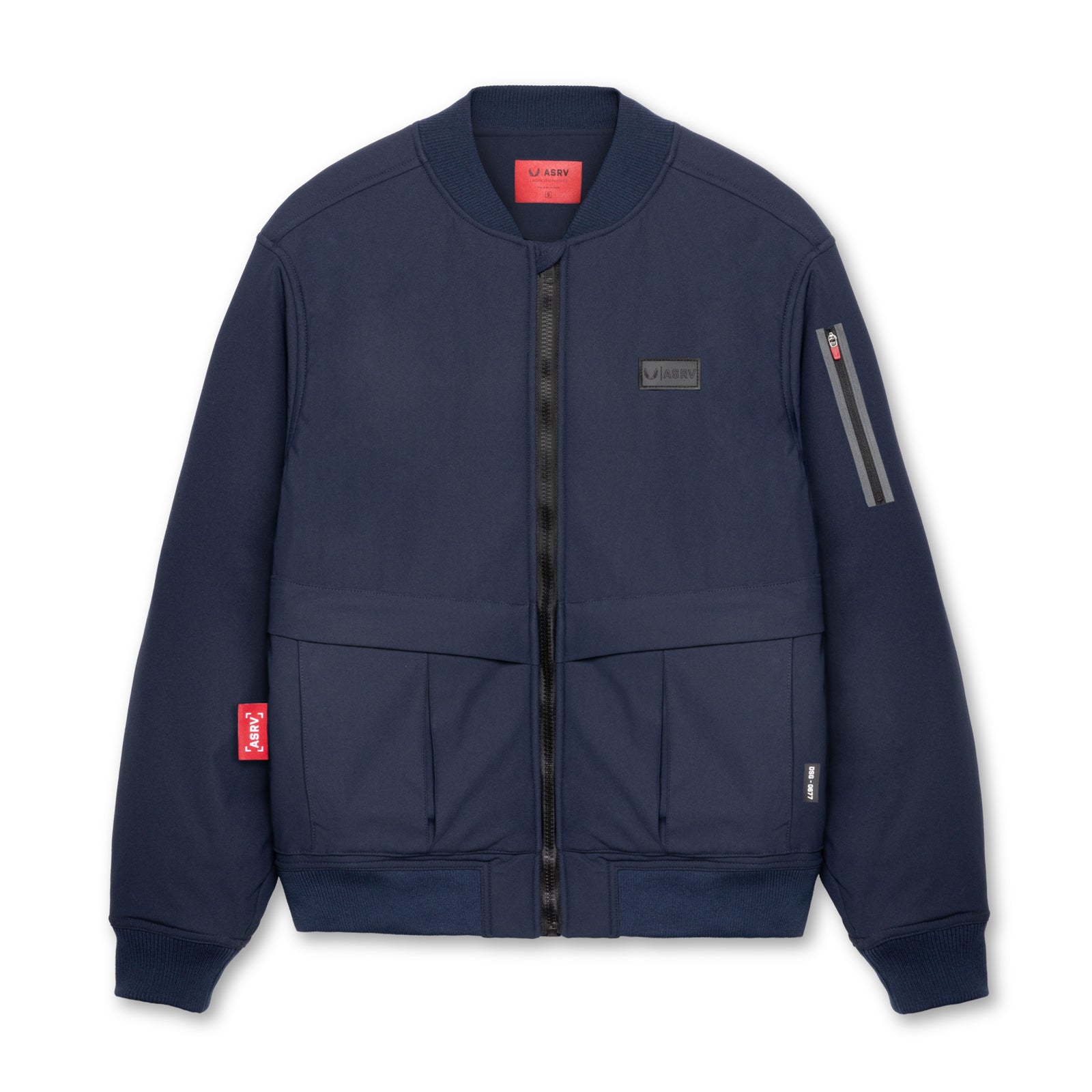 flatlay Kinterra Weatherproof Bomber Jacket in navy, front view