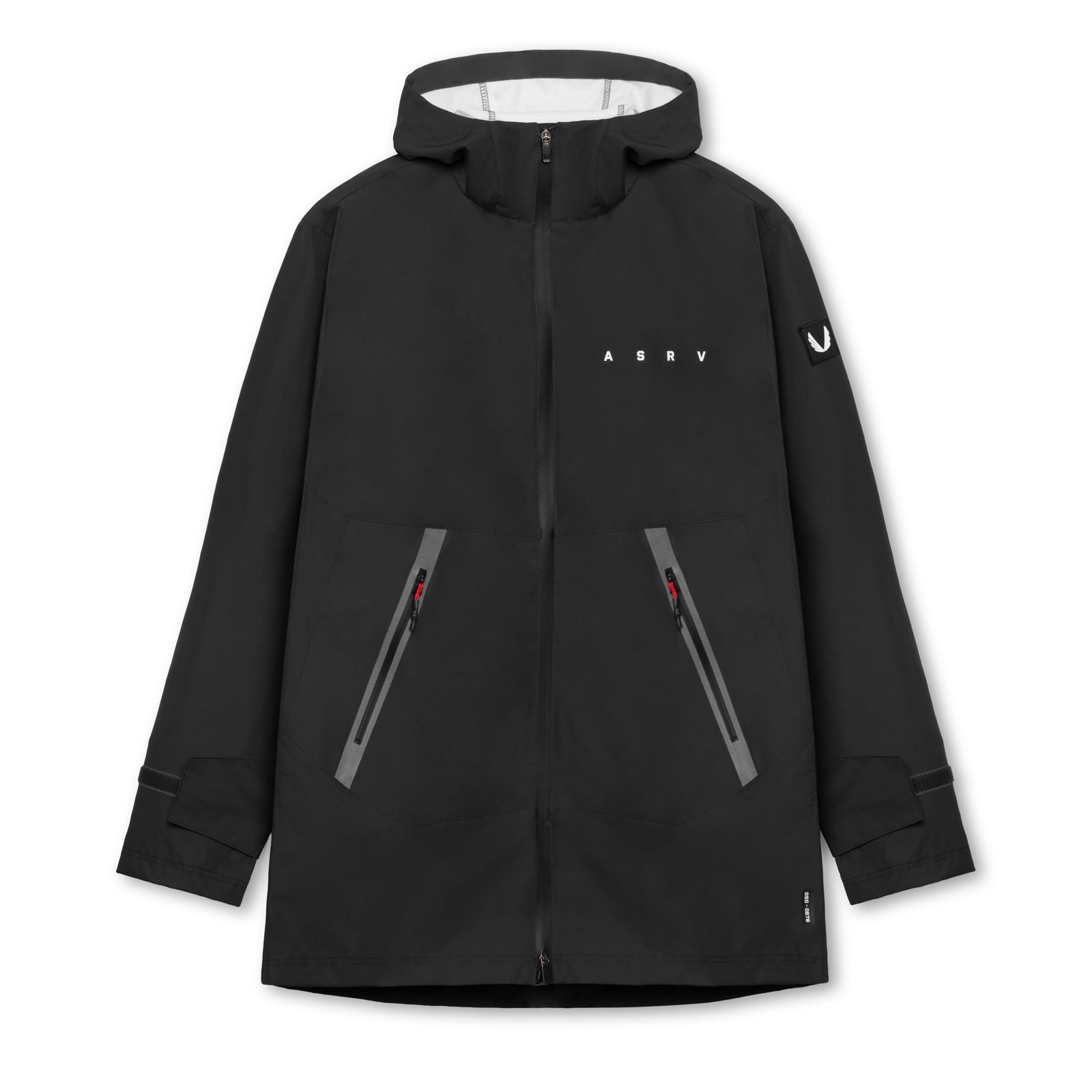 flatlay Hipora® Tech Parka in black, front view showing hood and chest pockets