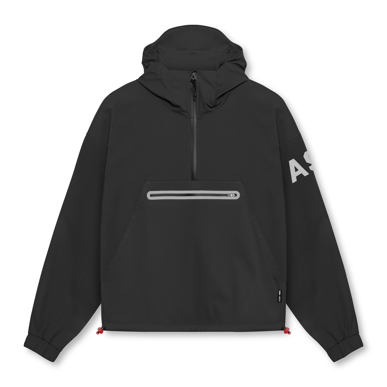 Flatlay of black weather-ready anorak jacket with hood and chest pocket, front view