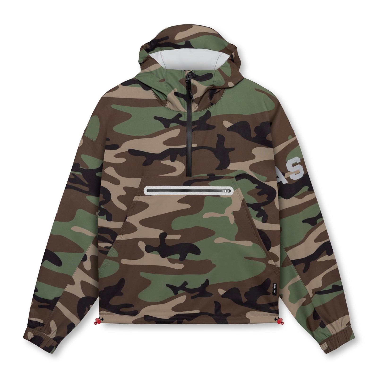 flatlay weather-ready anorak jacket in woodland camo, front view