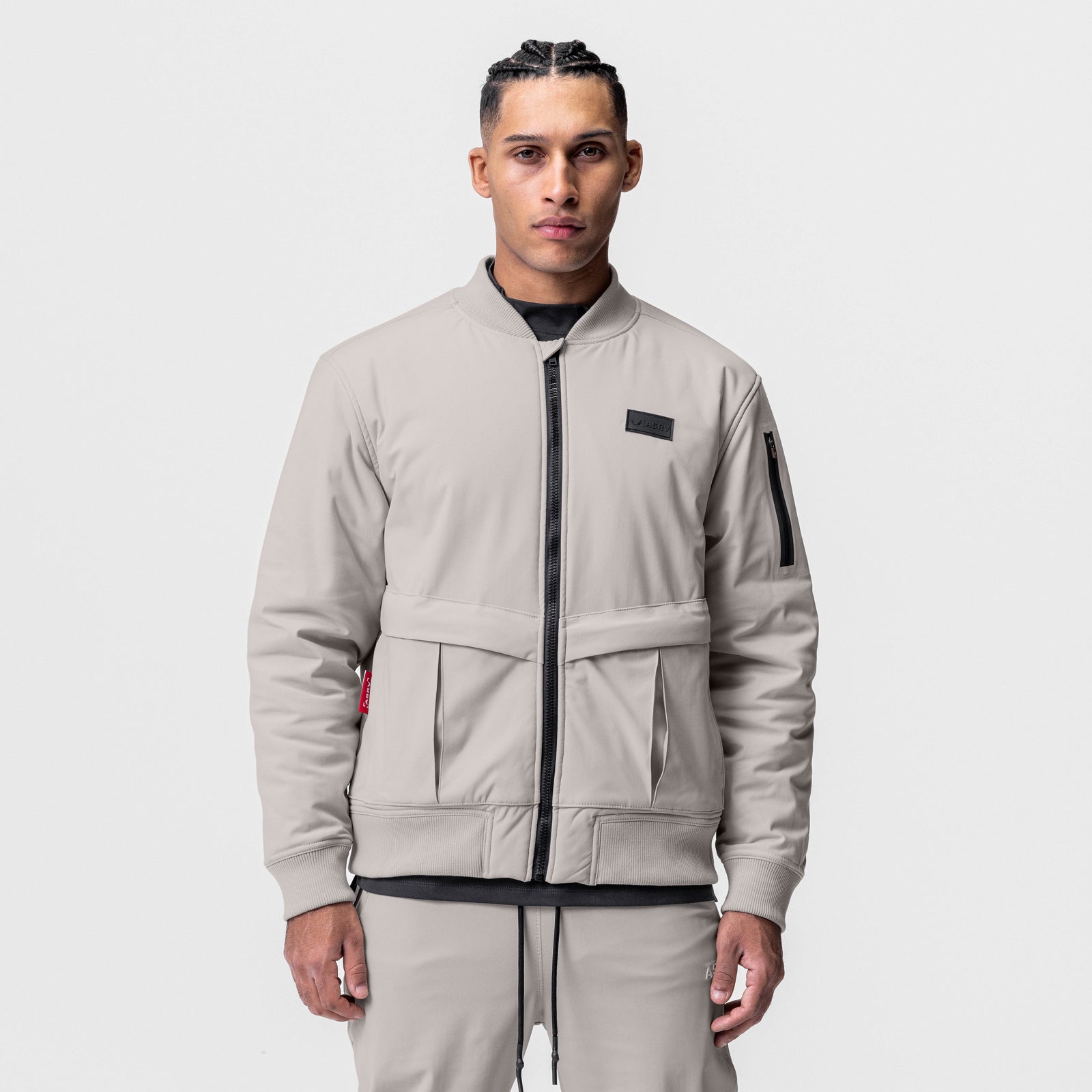 Kinterra Weatherproof Bomber Jacket in Chai, worn by model, front view