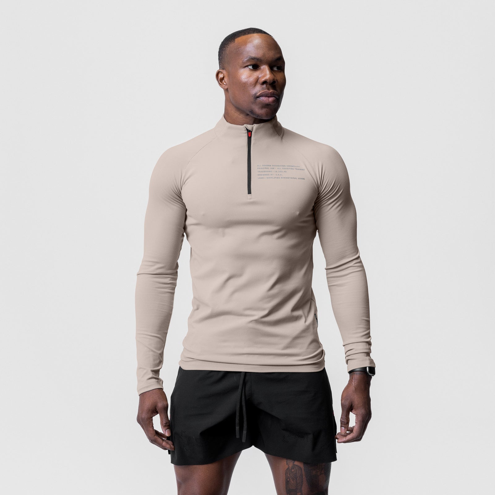 Core Fitted Quarter Zip in chai, worn by model, front view