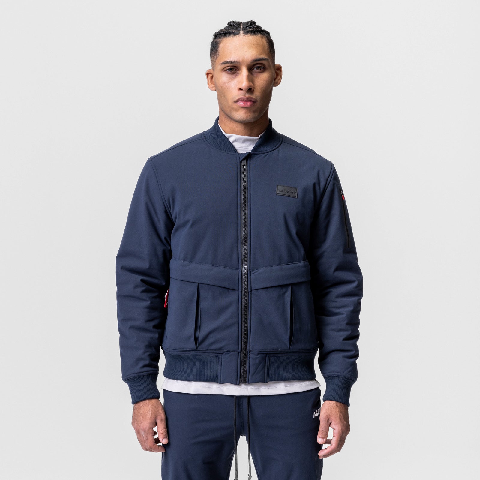 Kinterra™ Weatherproof Bomber Jacket in navy, worn by model, front view