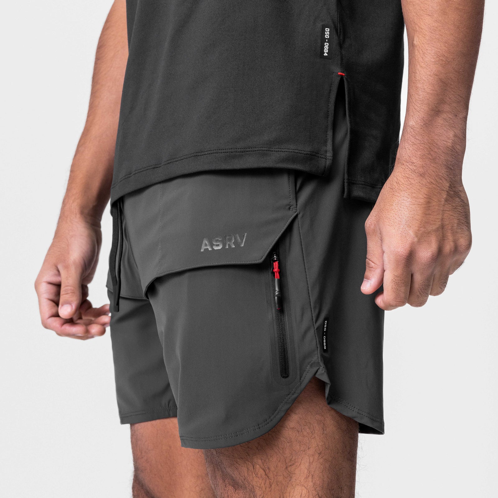 Tetra-Lite Tech Short in Space Grey, modeled on person showing cargo pocket detail