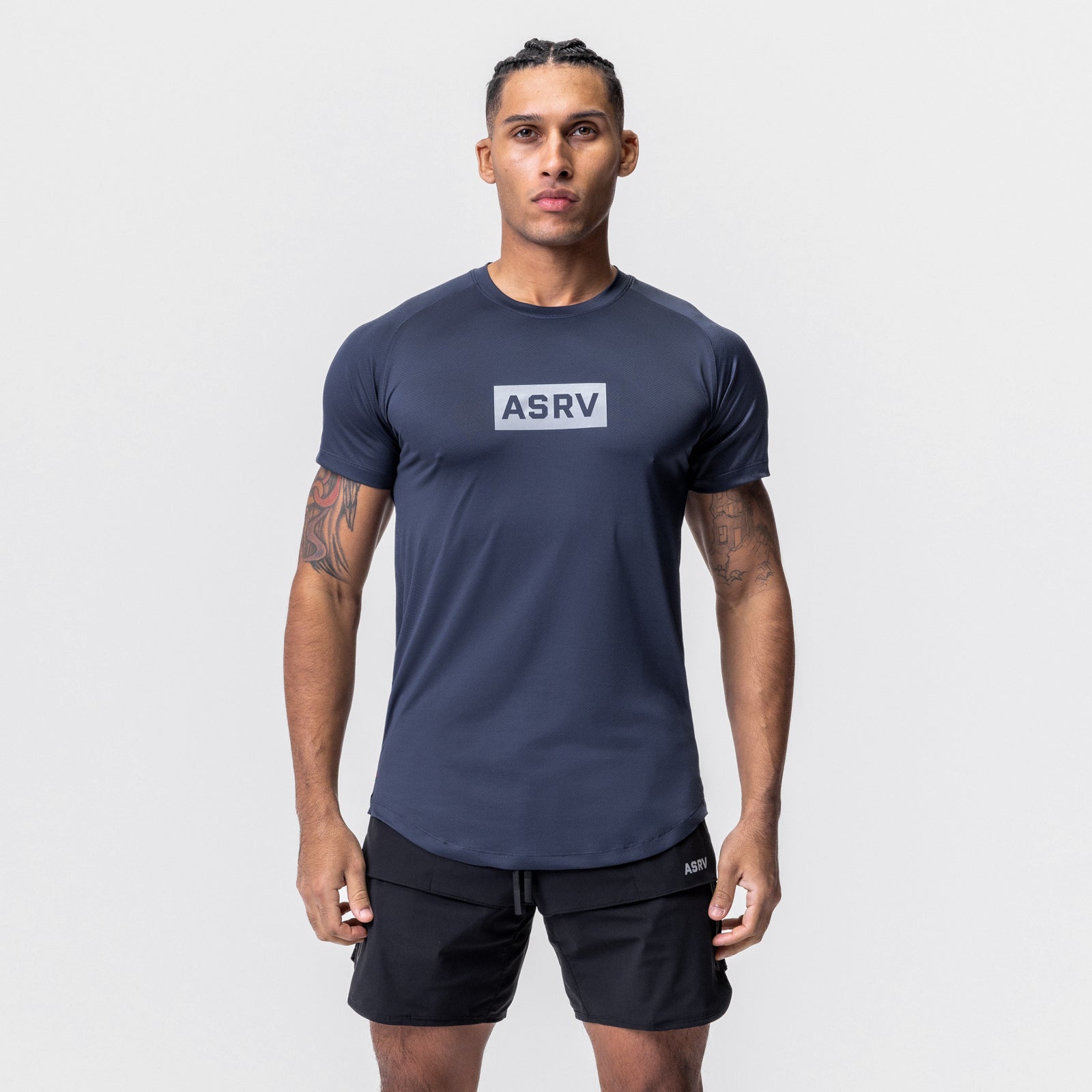 AeroSilver Established Tee in navy with box logo, worn by model