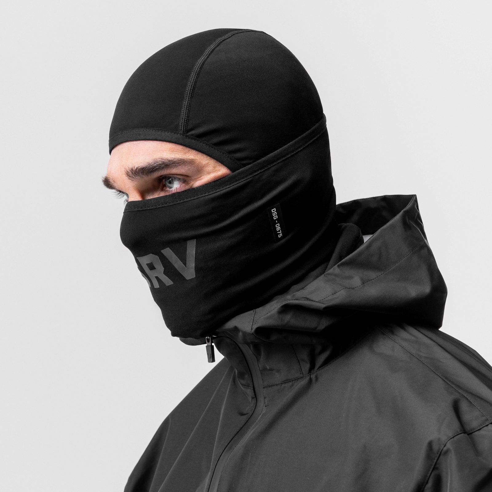 Thermal Balaclava in black, worn by model, front view