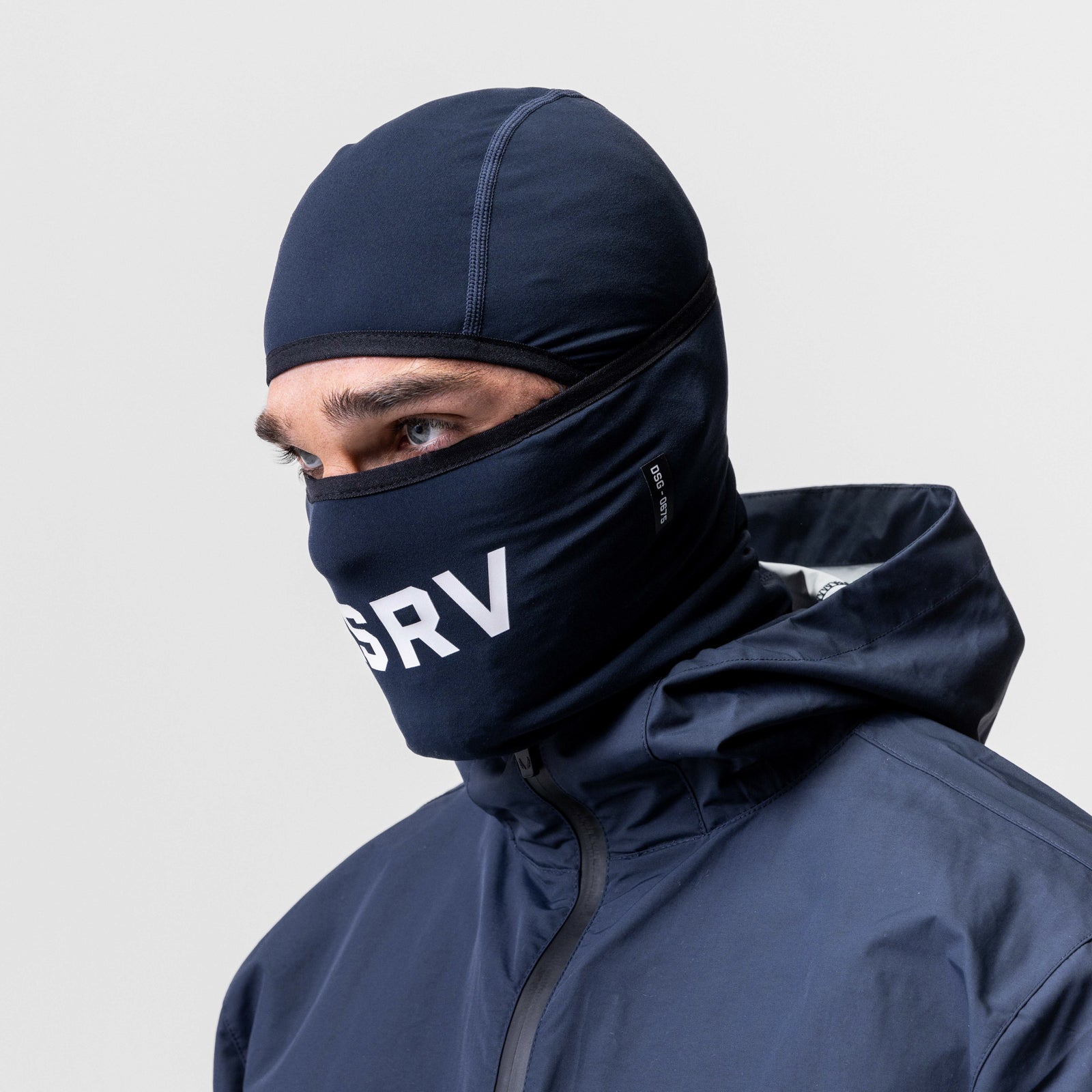 Thermal Balaclava in navy, worn by model showing front view