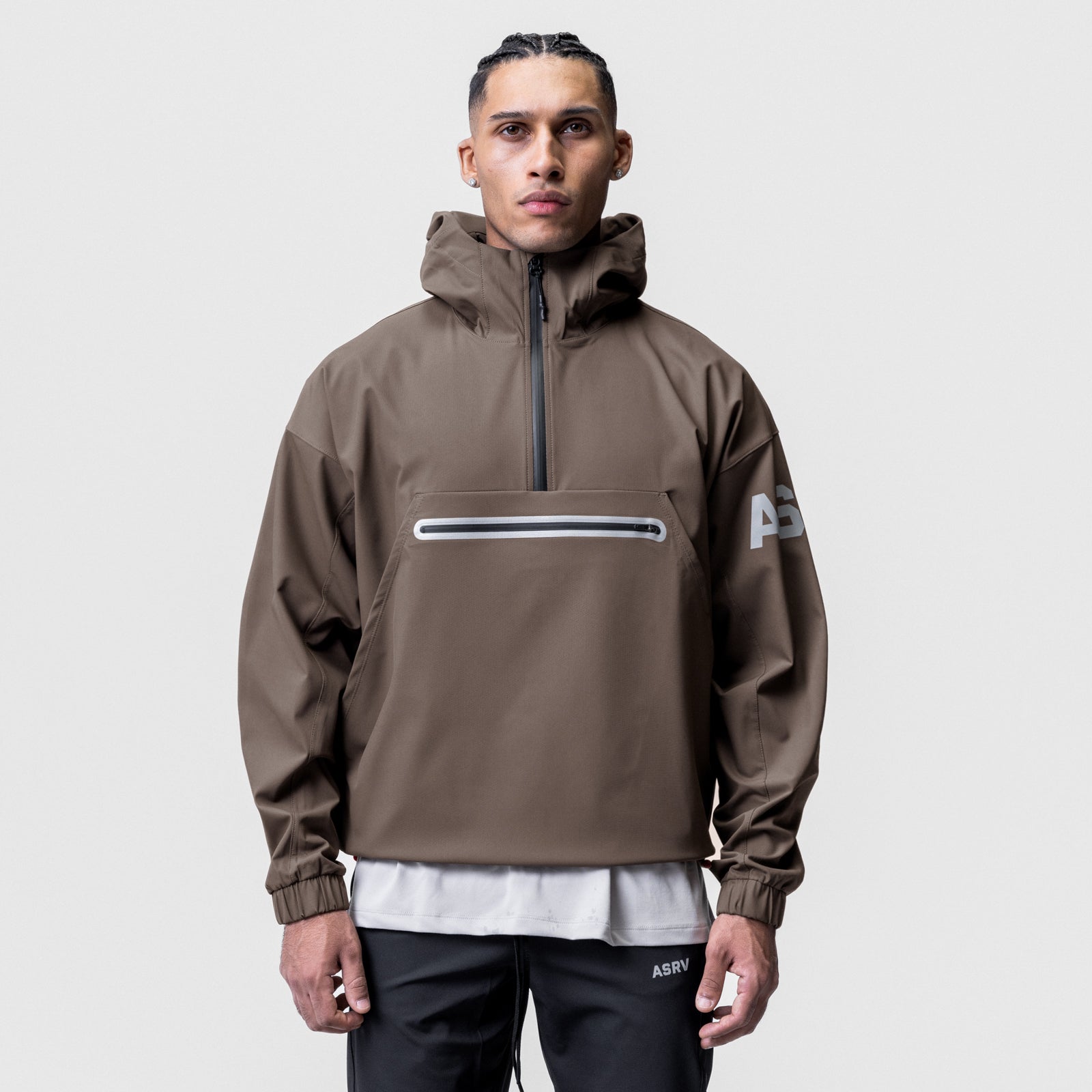 Weather-Ready Anorak Jacket in deep taupe, worn by model, front view