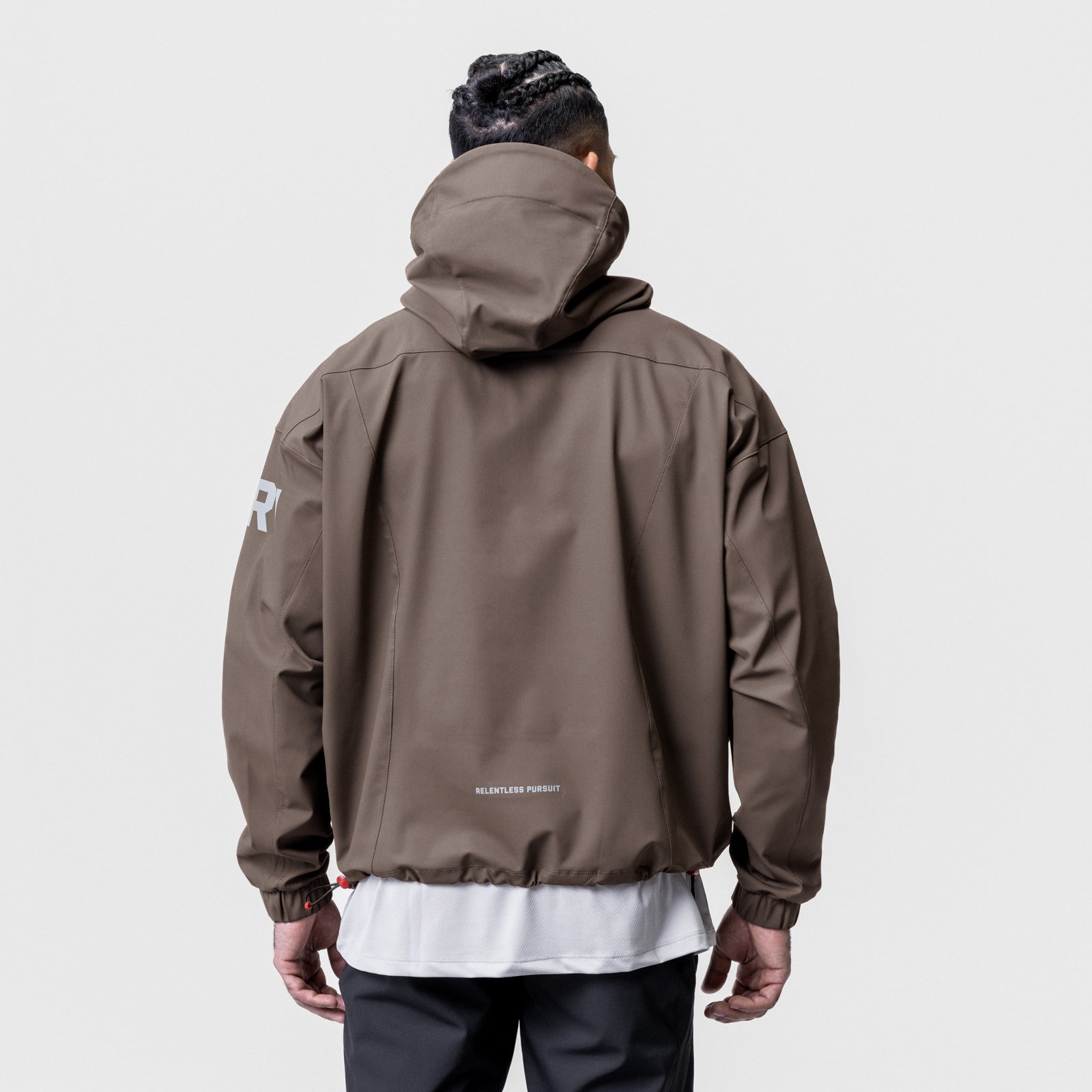 Weather-Ready Anorak Jacket in deep taupe, back view on model
