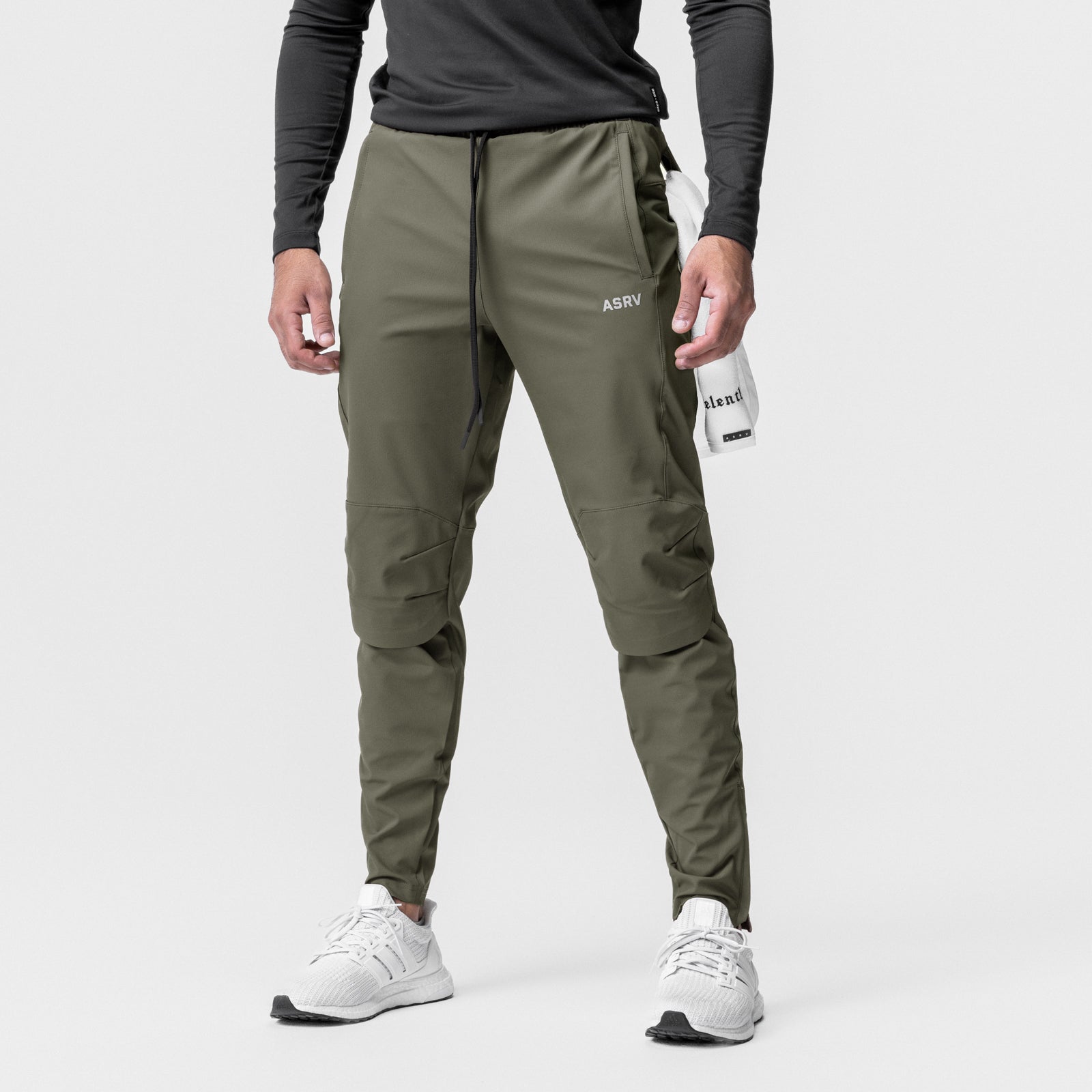All Condition Moto Jogger in olive worn by model, front view