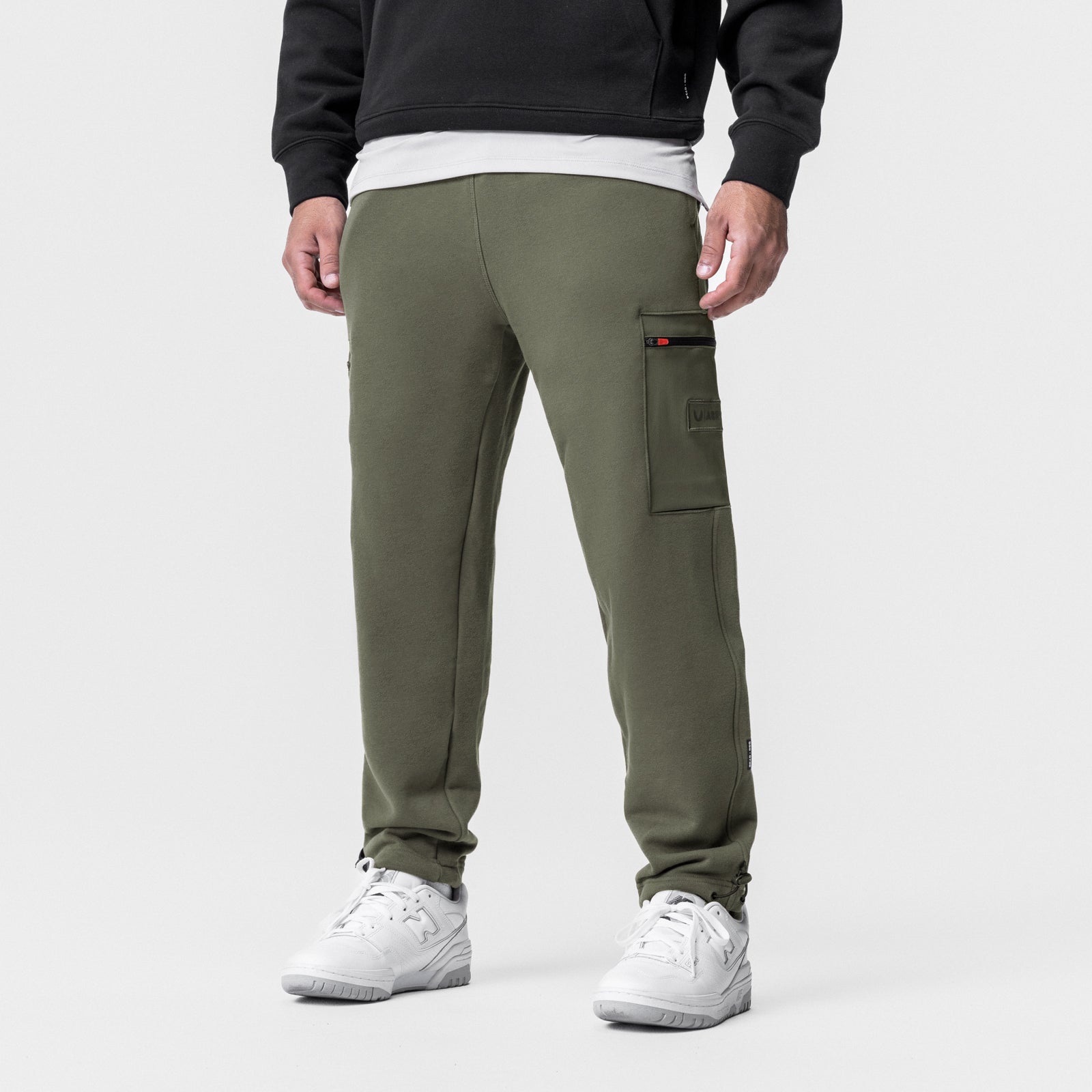 Tech-Terry Cinch Cargo Jogger in olive worn by model, back view