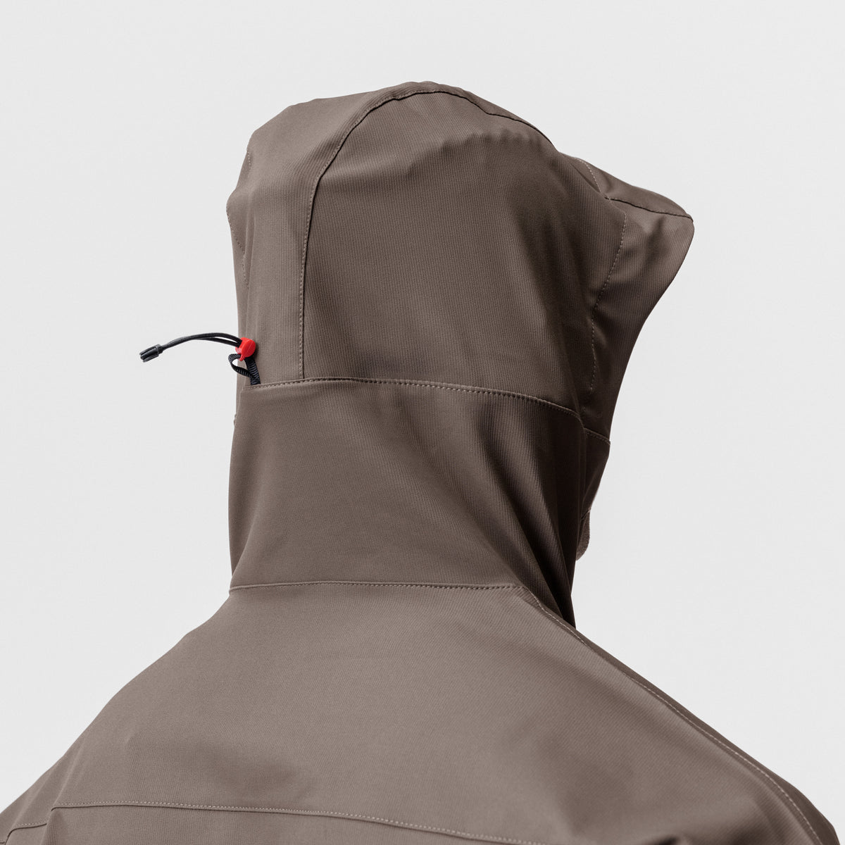 Weather-Ready Anorak Jacket in Deep Taupe, hood detail on model from behind