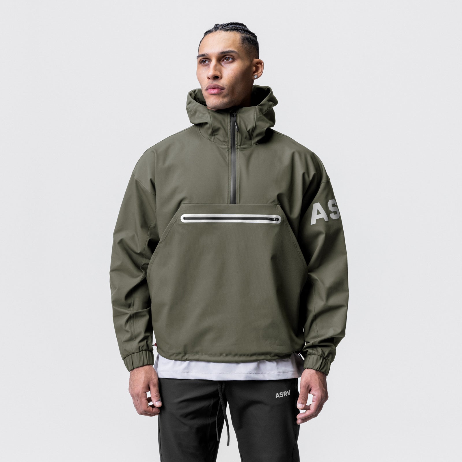 Weather-Ready Anorak Jacket in olive worn by male model, front view