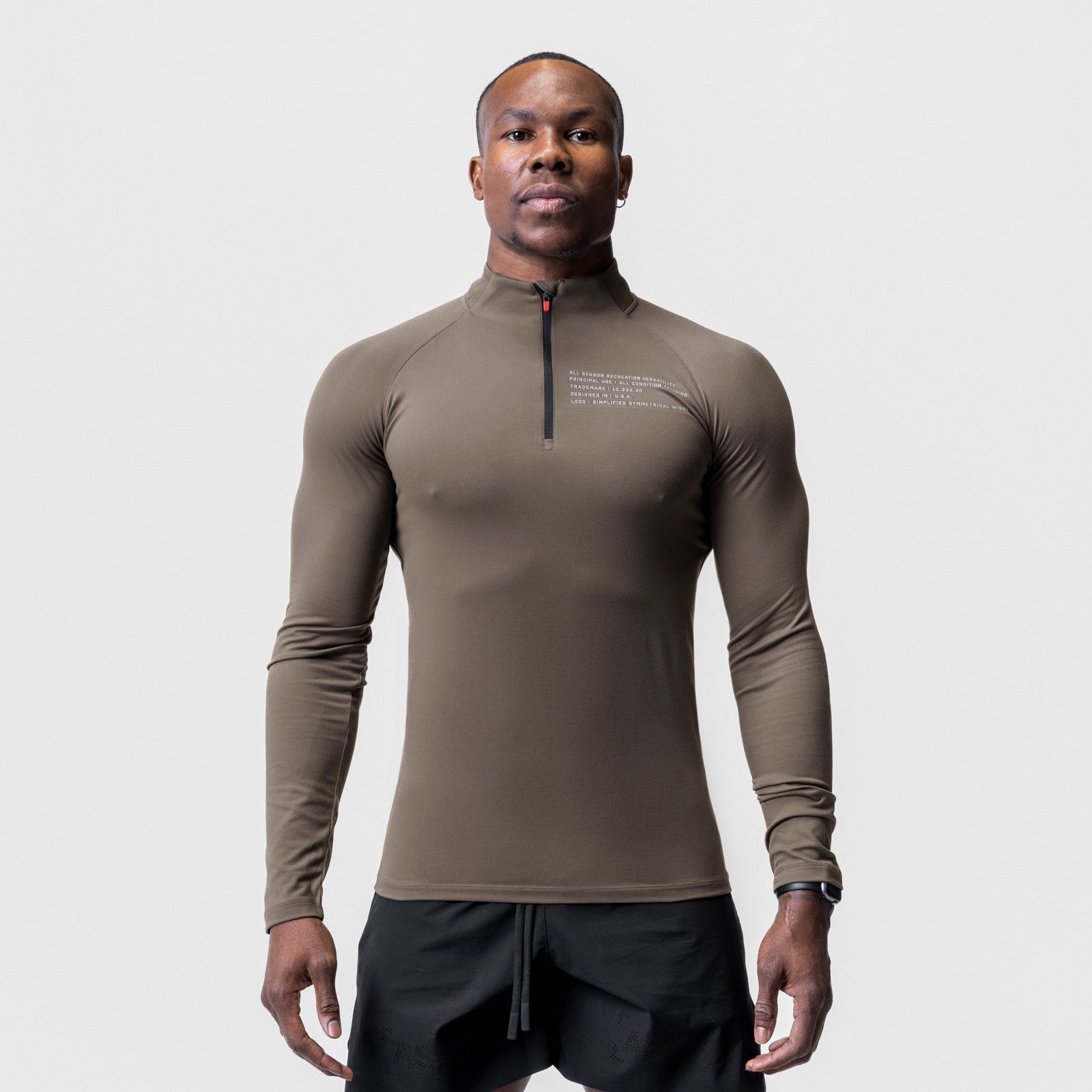 Core Fitted Quarter Zip in Deep Taupe, worn by model facing camera