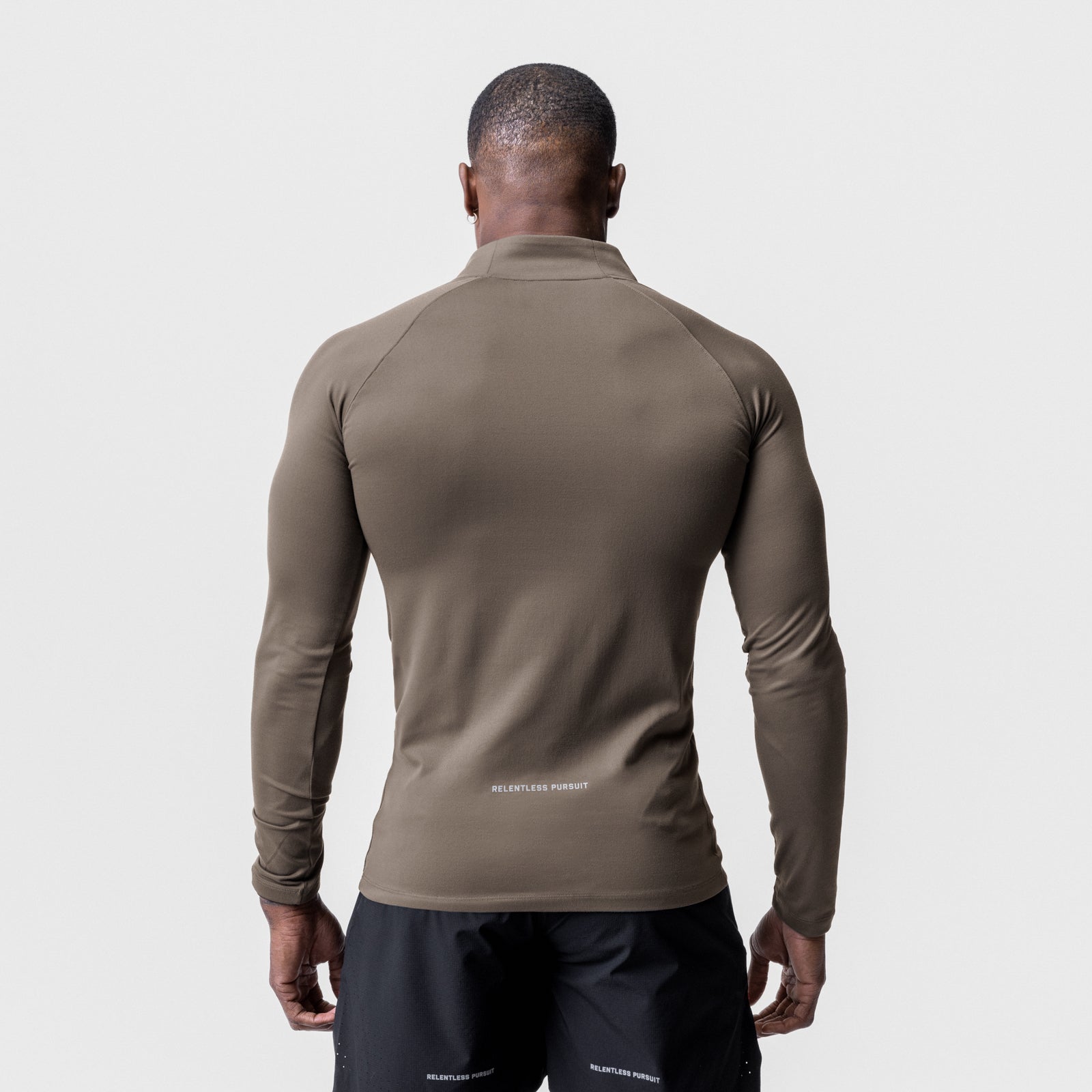 Core Fitted Quarter Zip in Deep Taupe, back view on model