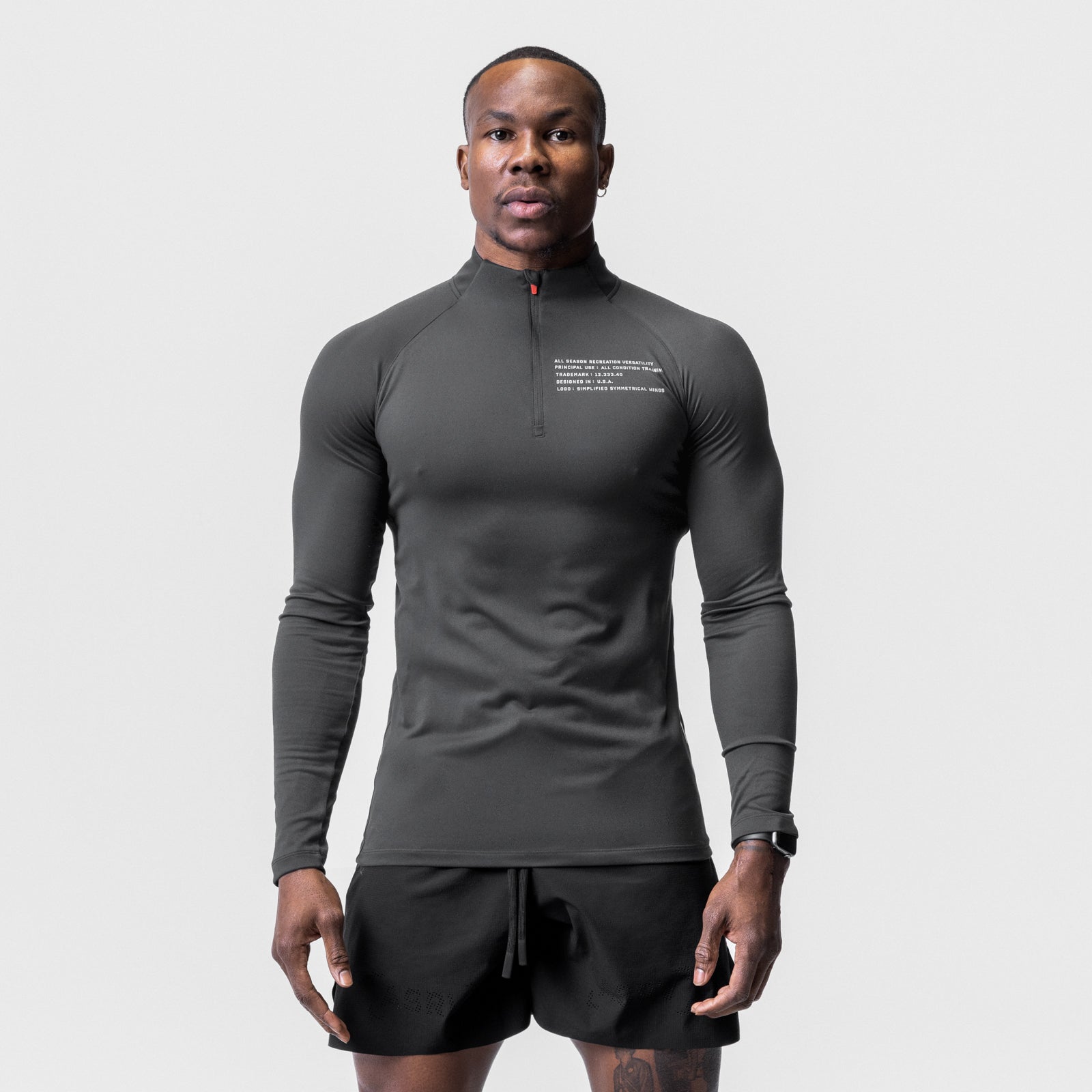 Core Fitted Quarter Zip in Space Grey worn by model, front view