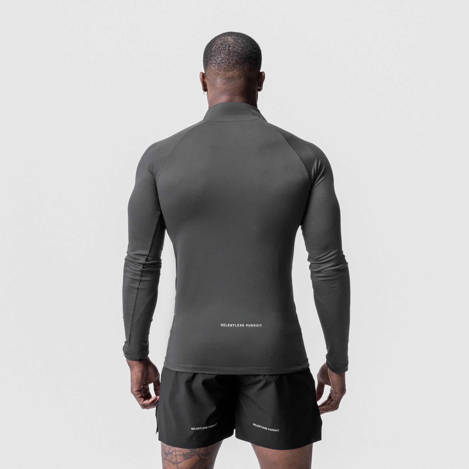 Core Fitted Quarter Zip in space grey, back view on model