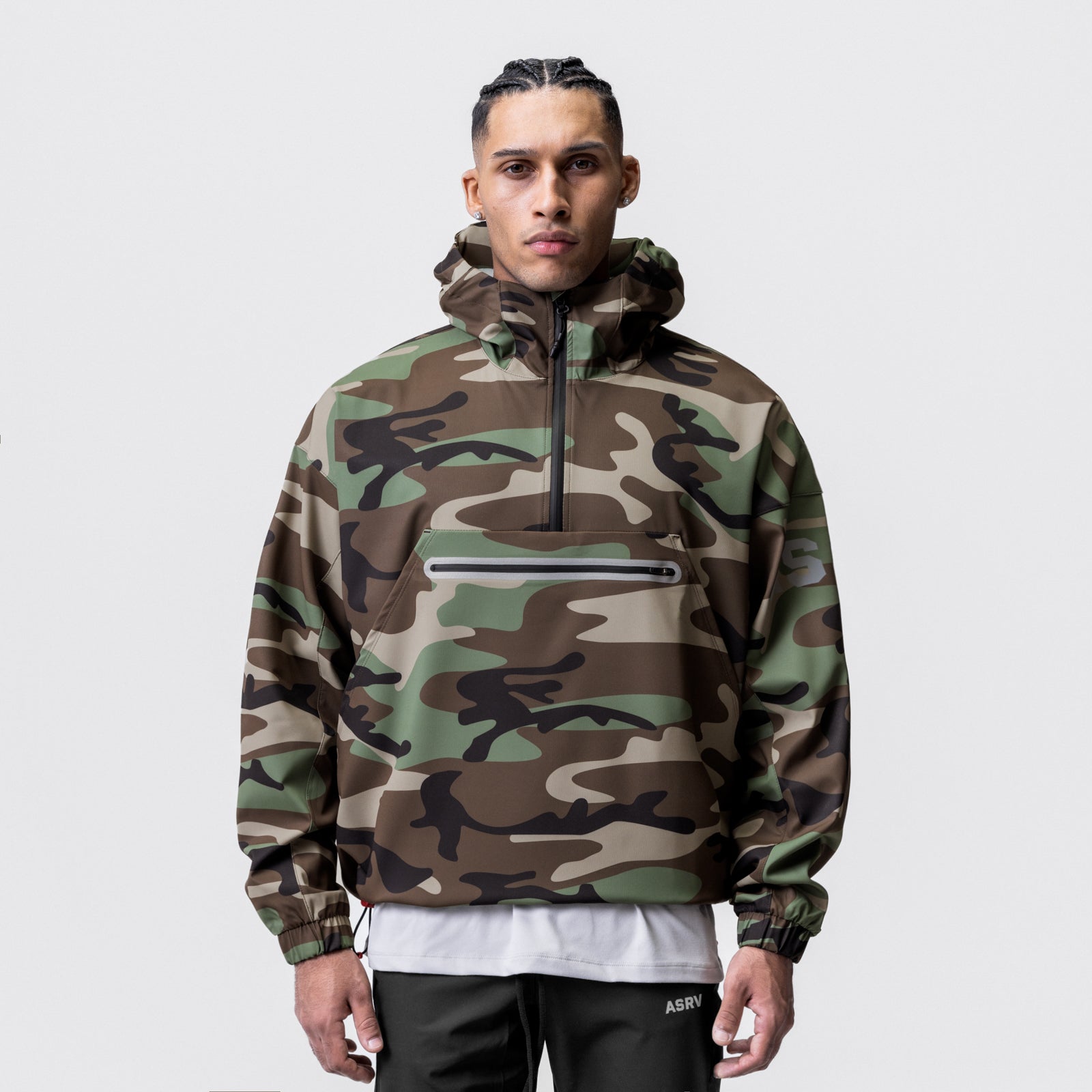 Weather-Ready Anorak Jacket in Woodland Camo, modeled front view