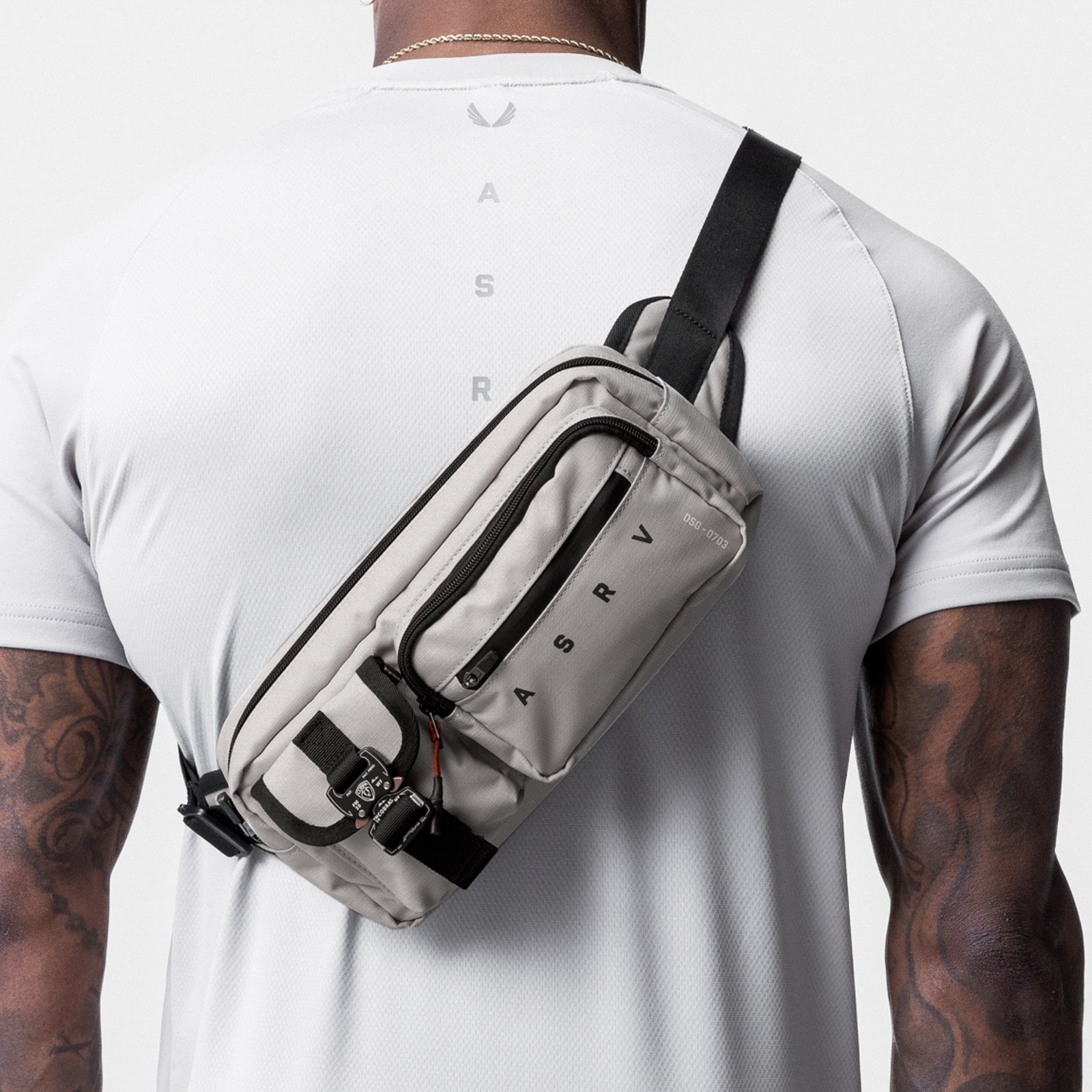 0703 Cordura® Tech Crossbody Pack in Chai, worn as crossbody on model