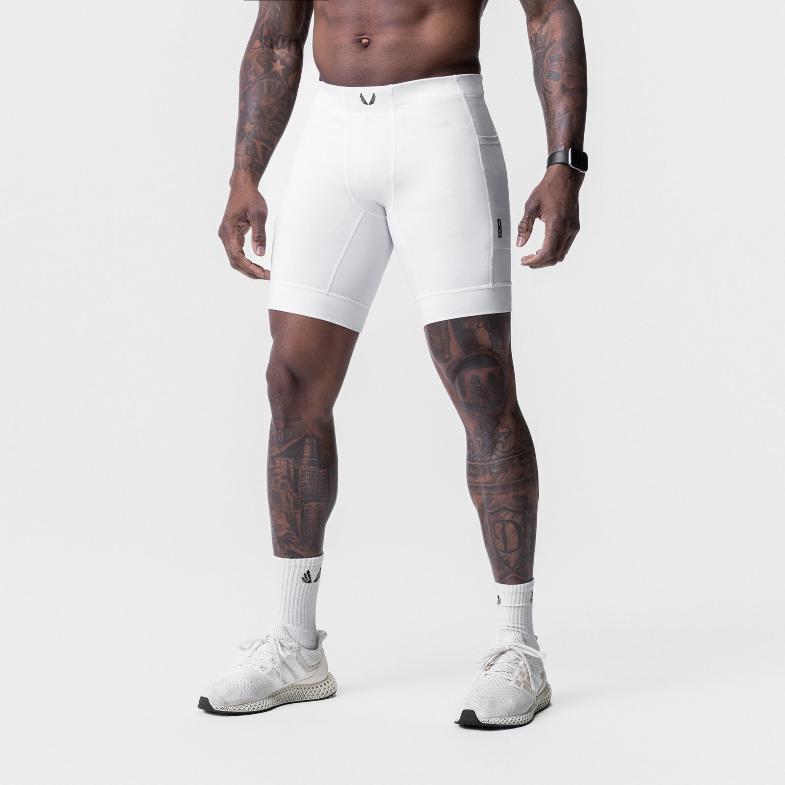 WarpFlexx® Side Pocket 1/2-Length Legging in white, modeled from front
