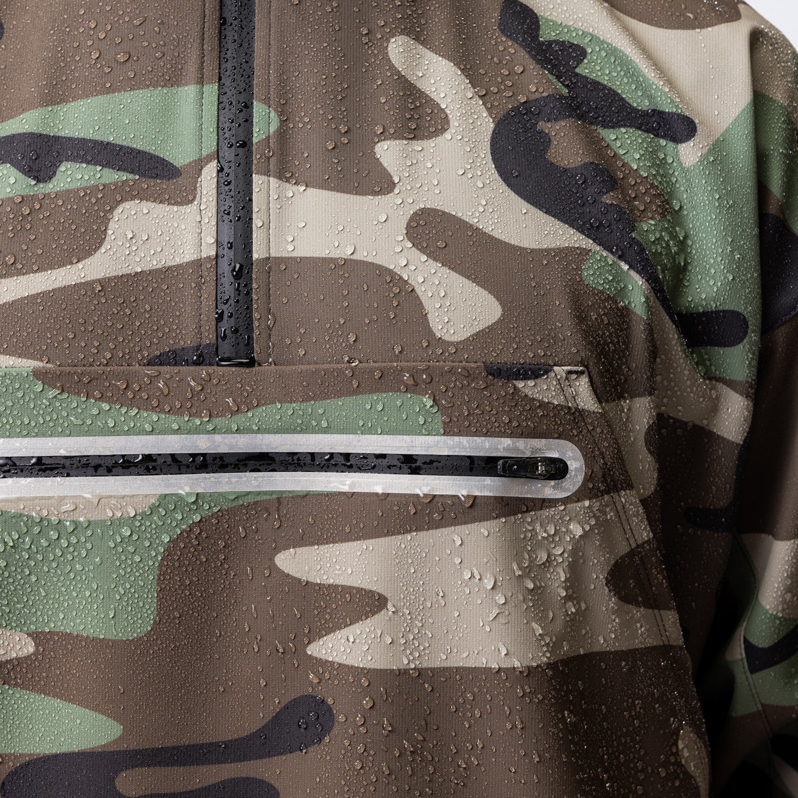Weather-Ready Anorak Jacket in Woodland Camo, detail shot showing water-resistant fabric