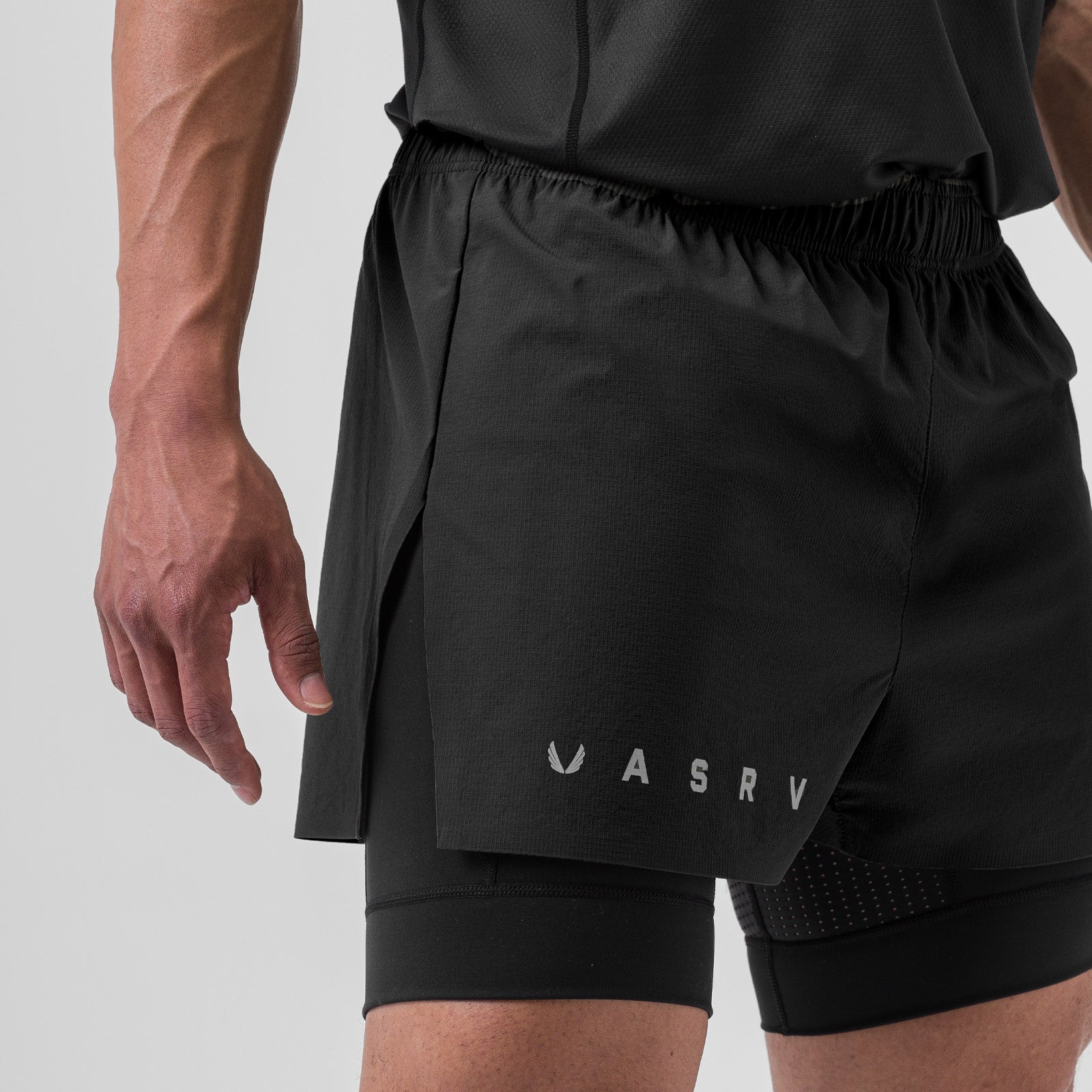 Ripstop 3" High Split Liner Short in black worn by model, side view detail
