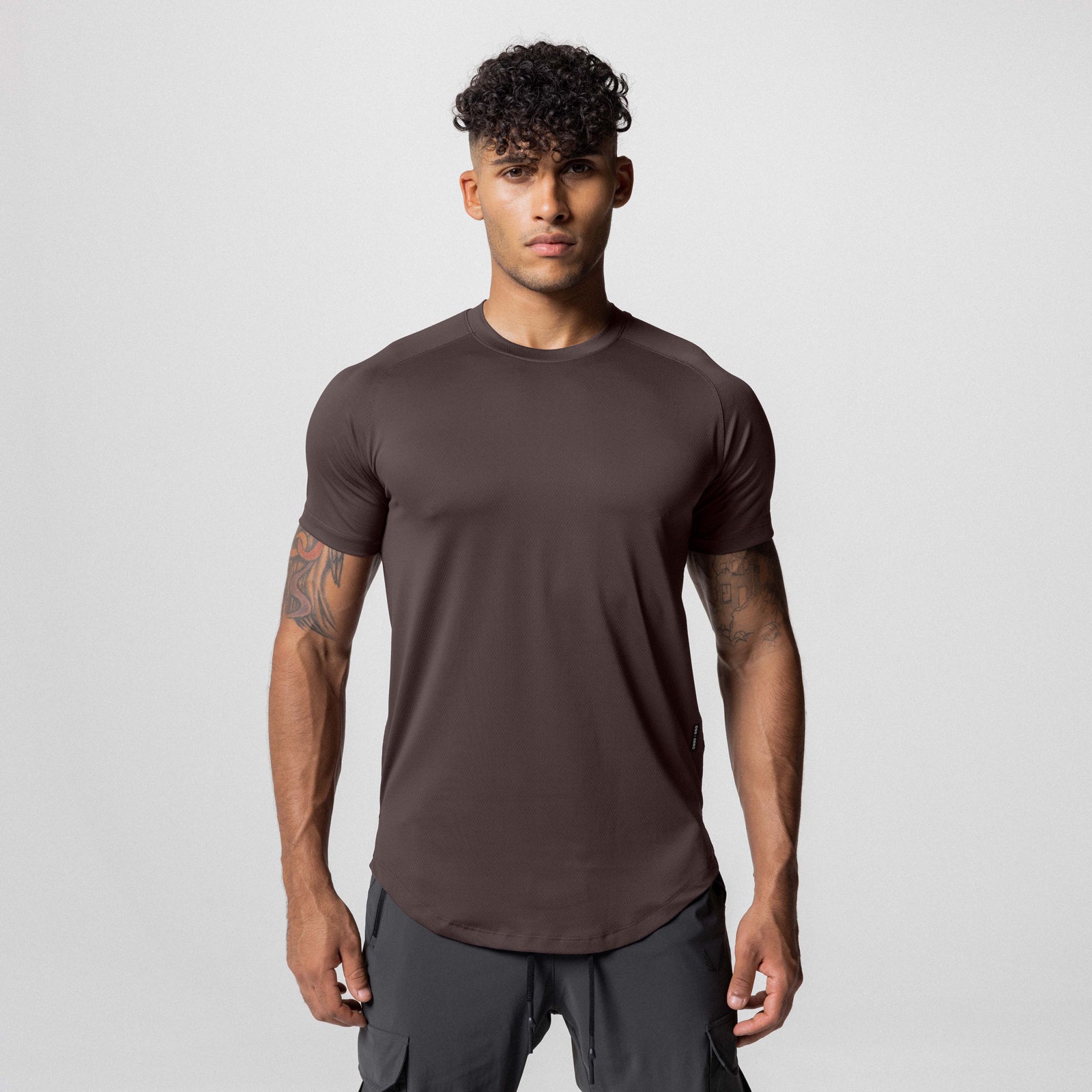 AeroSilver® Established Tee in Dark Earth, worn by model, front view
