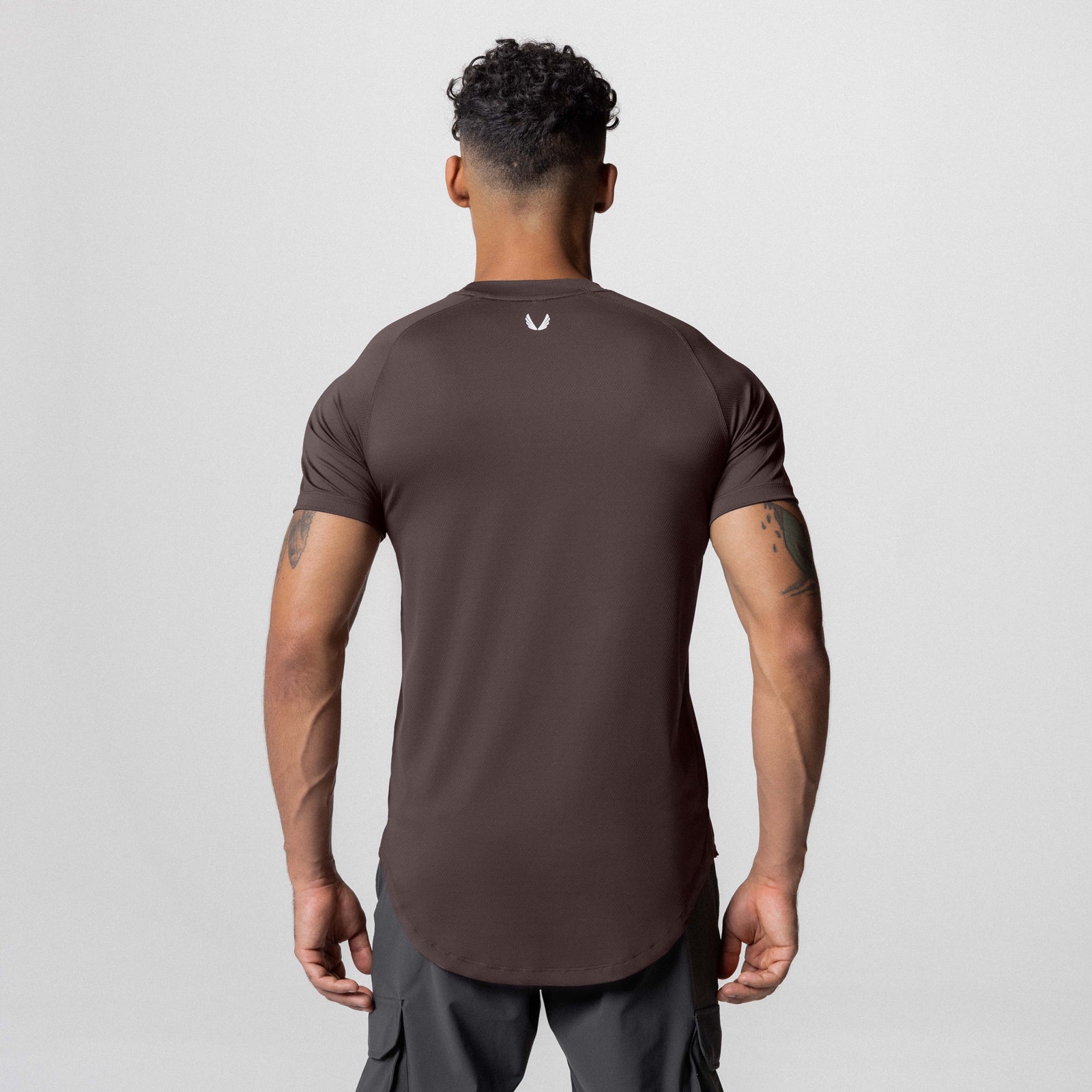 AeroSilver Established Tee in Dark Earth, back view on model
