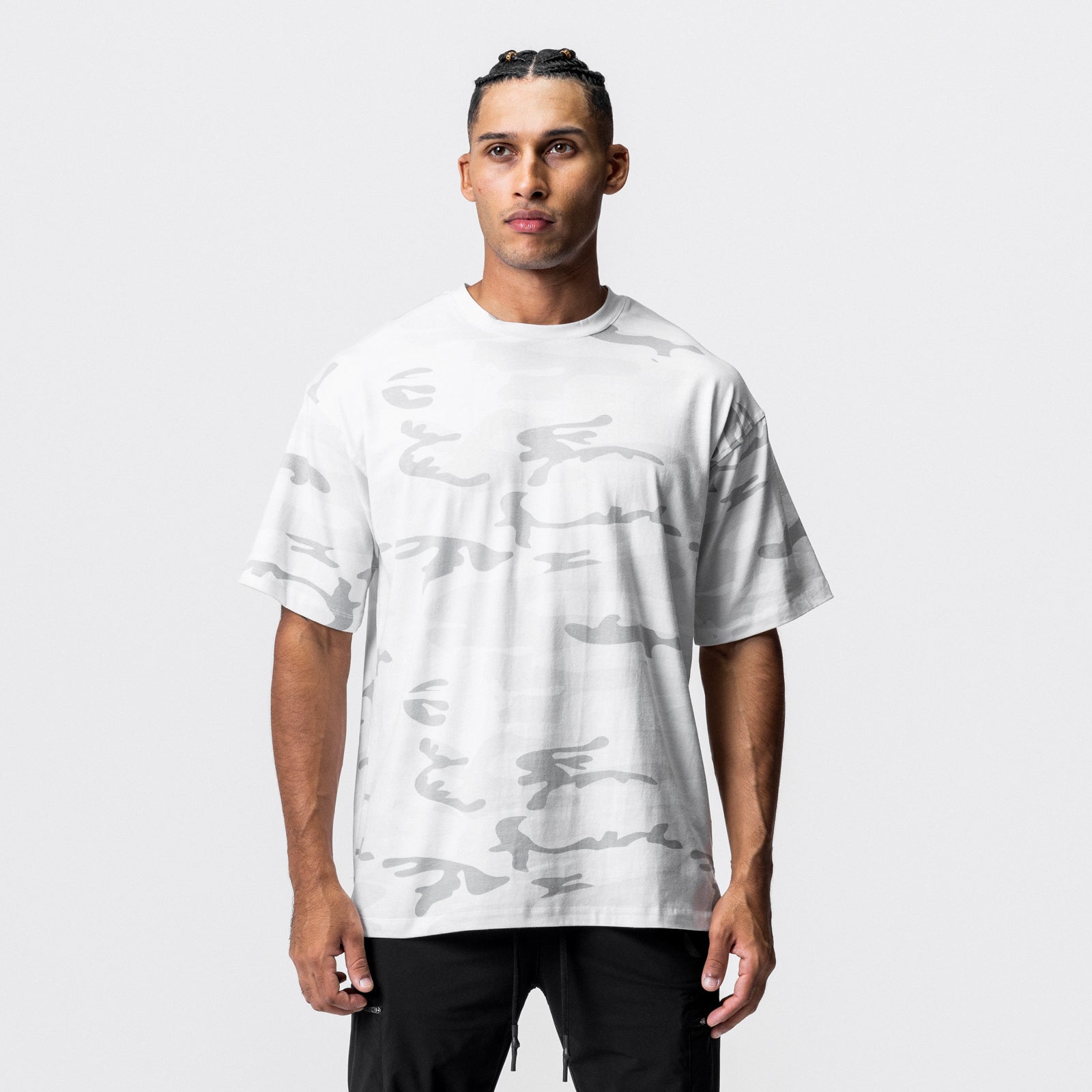 CottonPlus™ Oversized Tee in white camo, worn by model, front view