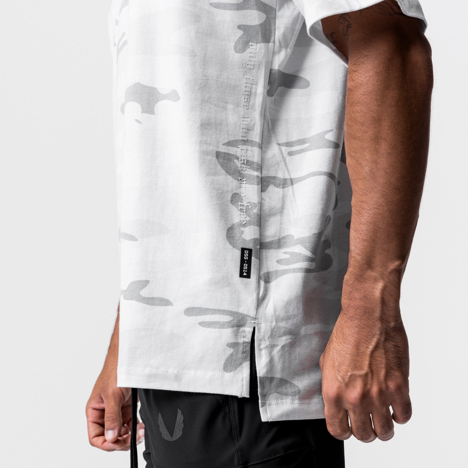 CottonPlus Oversized Tee in white camo, side view worn by model