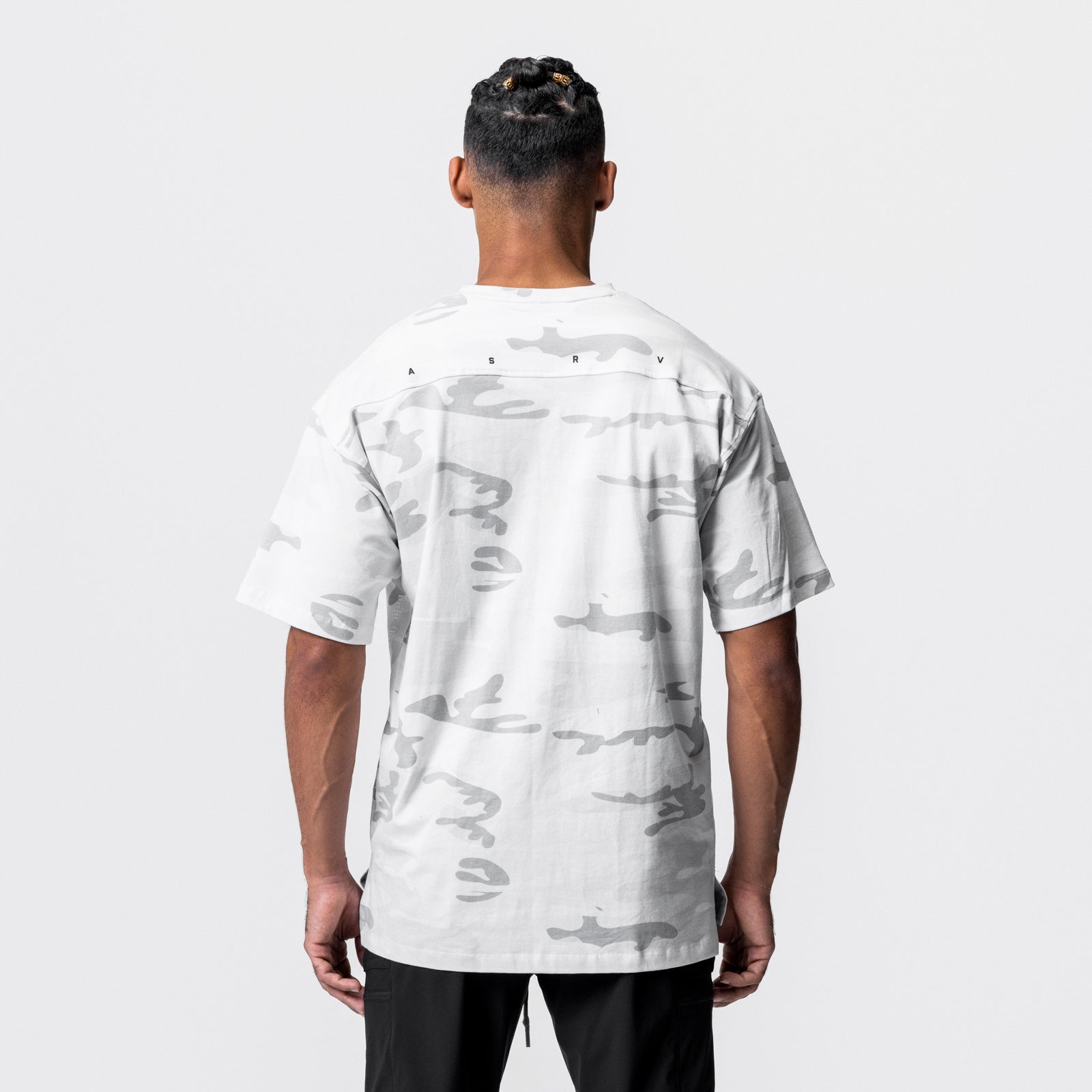 CottonPlus Oversized Tee in white camo, back view on model