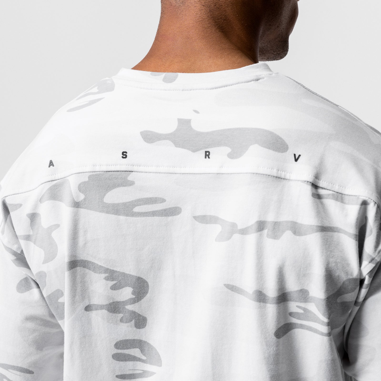 CottonPlus Oversized Tee in white camo worn by model, back view