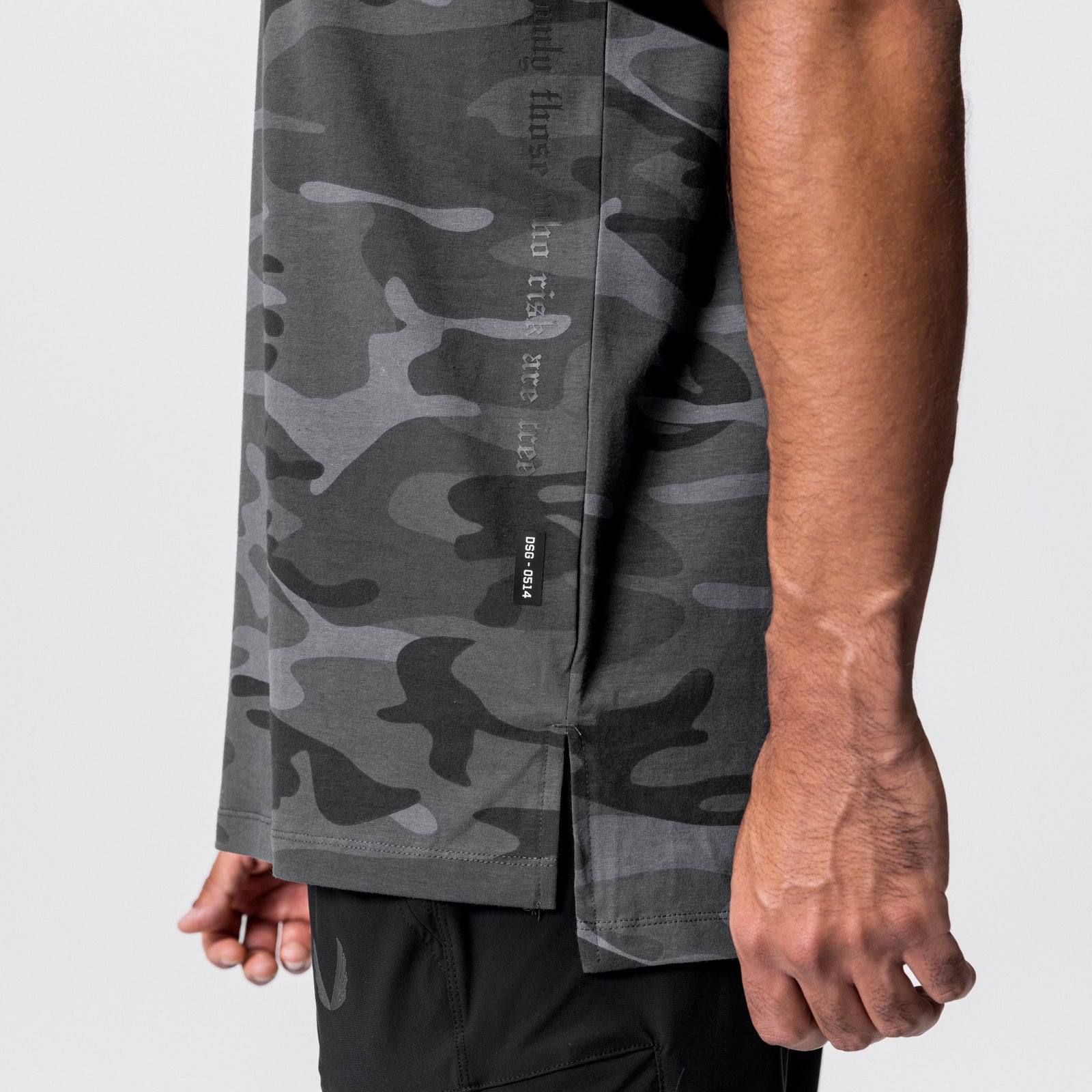 CottonPlus™ Oversized Tee in Black Camo worn by model, side view