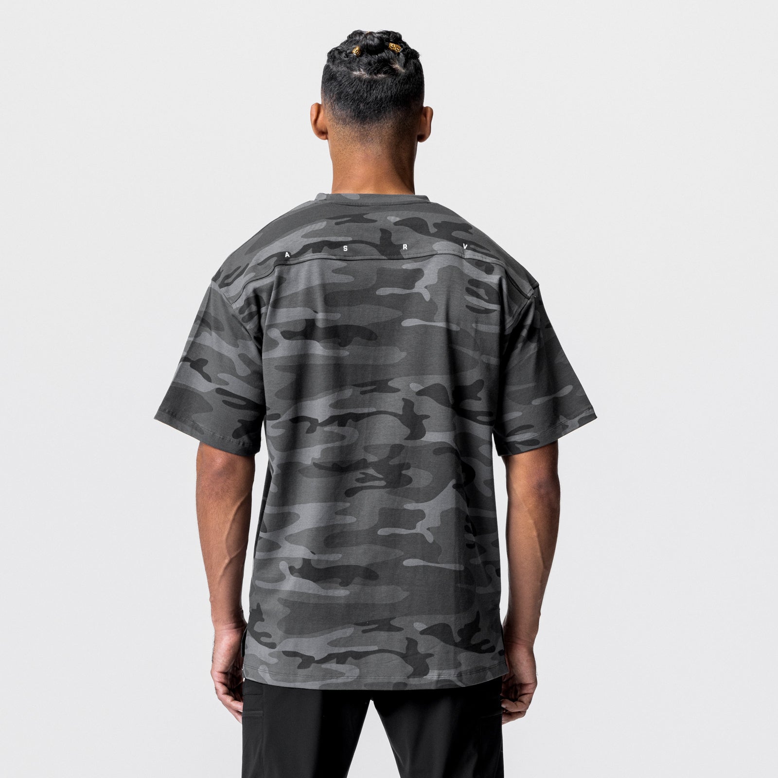 CottonPlus™ Oversized Tee in Black Camo, back view on model