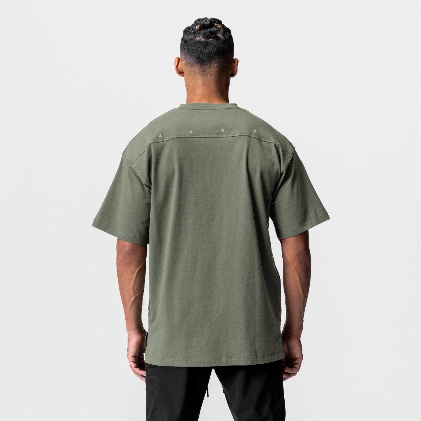 CottonPlus Oversized Tee in olive, back view on model