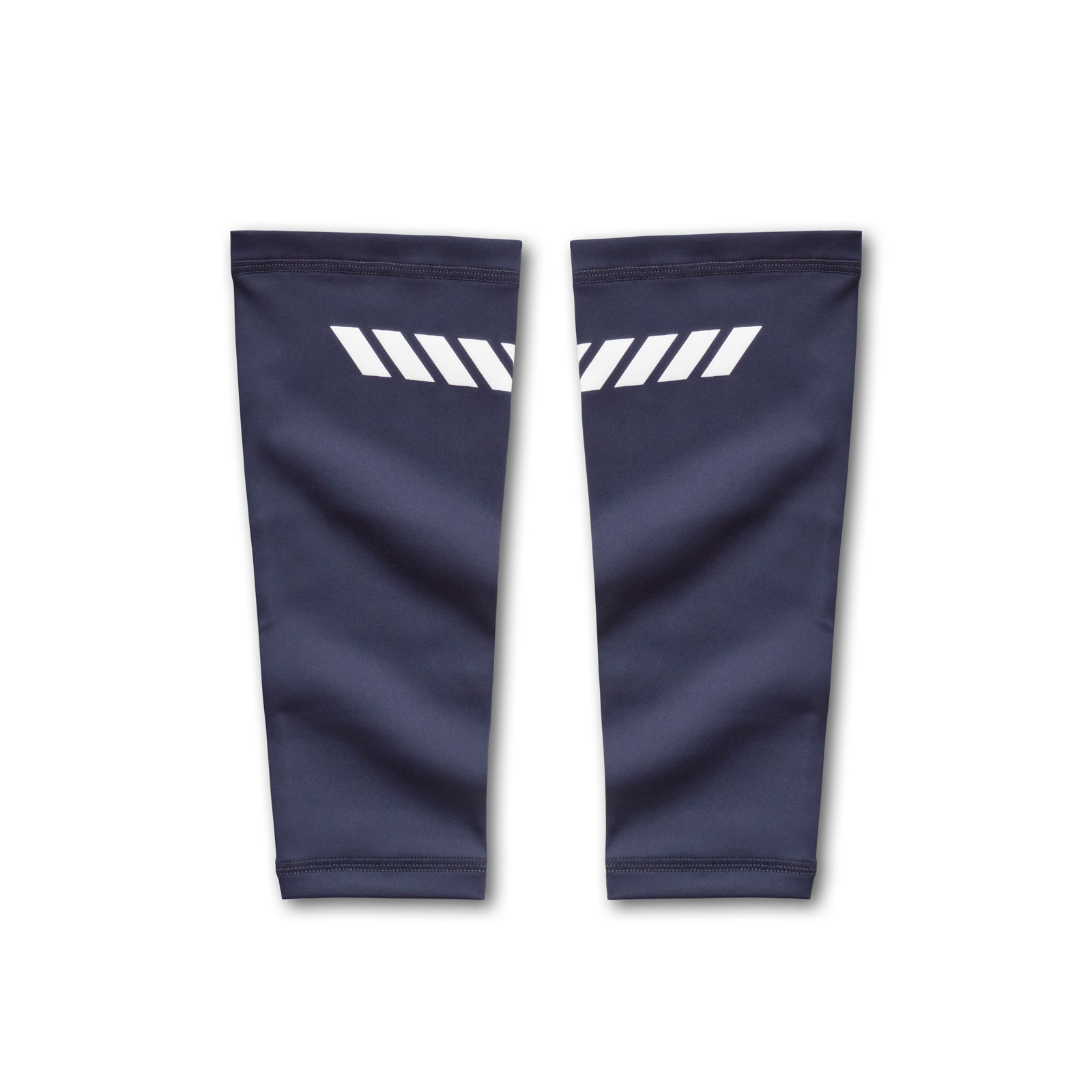 flatlay WarpFlexx® Calf Sleeves in navy with white diagonal stripe detail, front and back view
