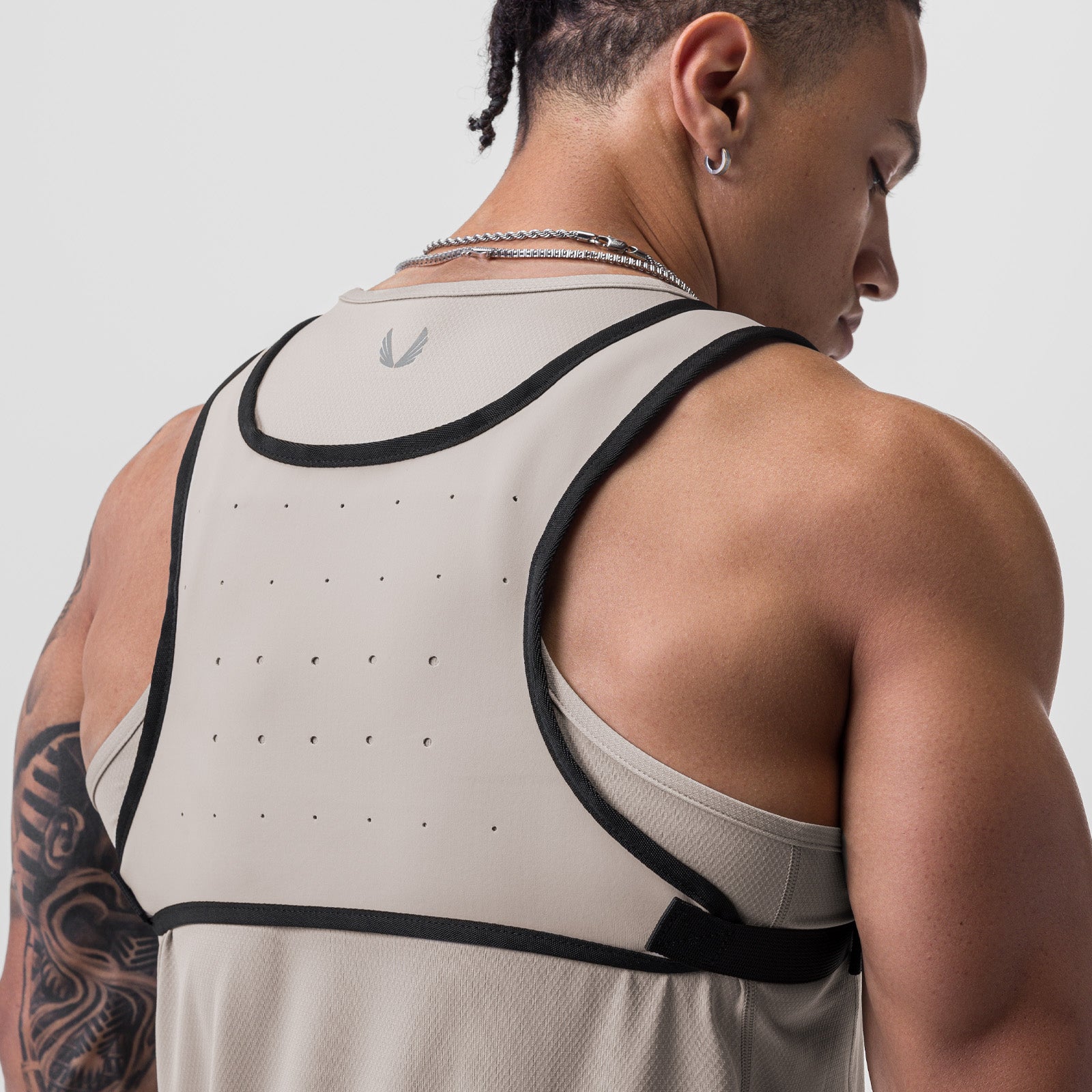 0711 Cordura Lightweight Chest Pack in Chai, worn by model, back view