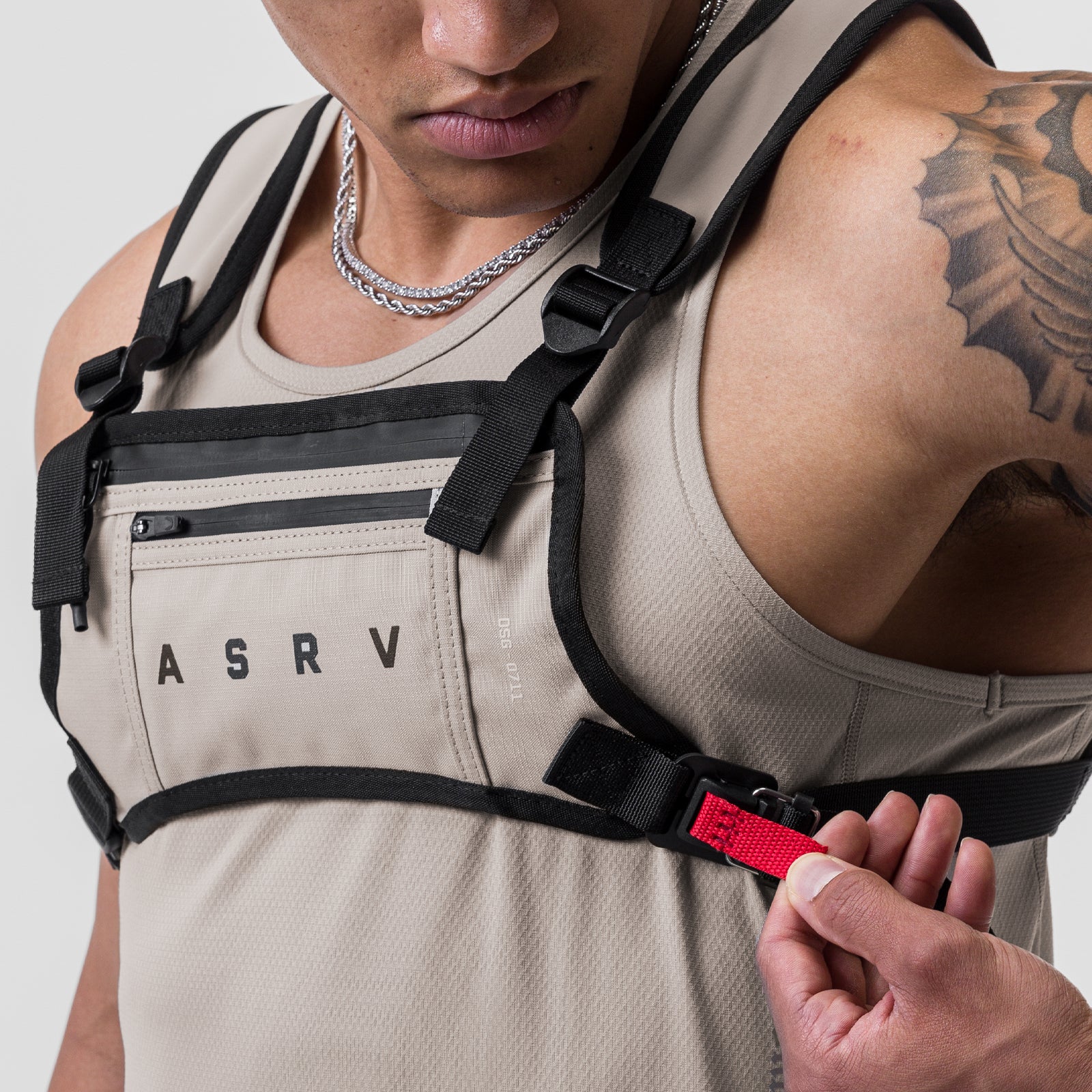 0711 Cordura® Lightweight Chest Pack in Chai, worn by male model, front view