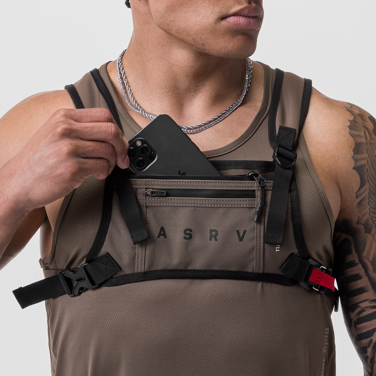 0711 Cordura Lightweight Chest Pack in Deep Taupe, worn by model