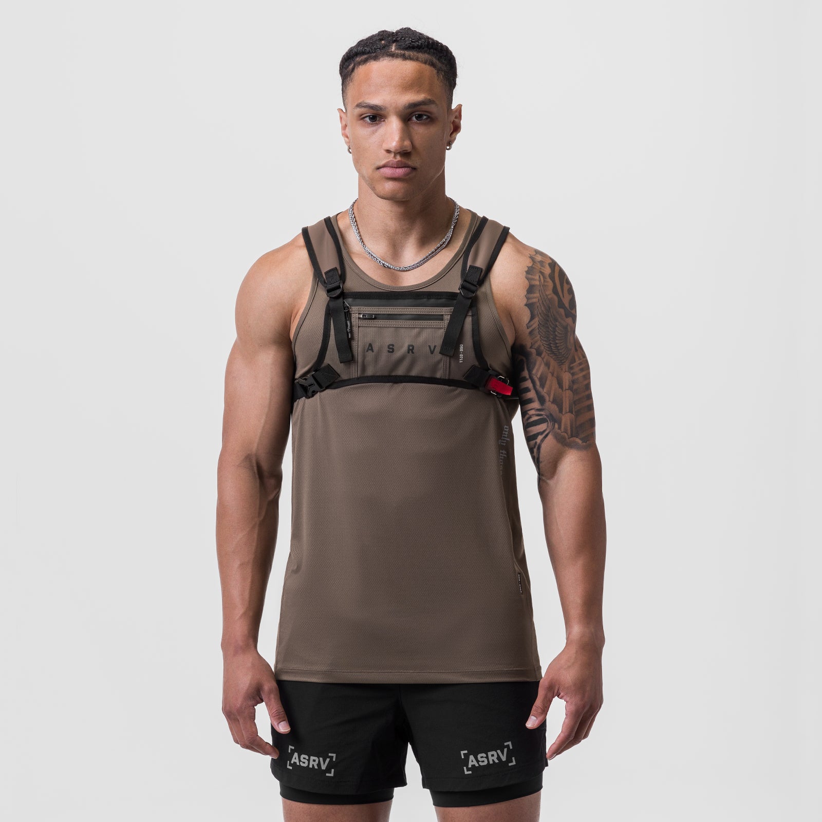 0711 Cordura® Lightweight Chest Pack in Deep Taupe, worn by model, front view