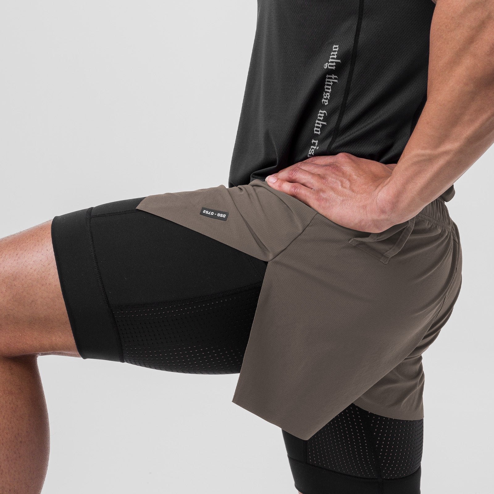 Ripstop 3" High Split Liner Short in Deep Taupe/Black, worn on model showing side view