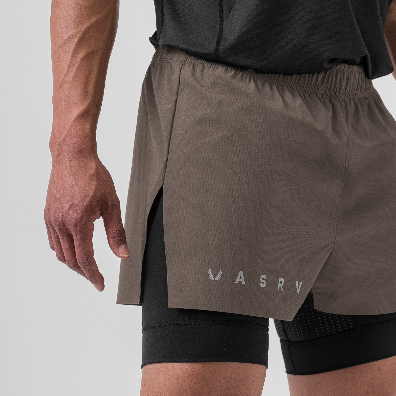 Ripstop 3" High Split Liner Short in Deep Taupe/Black, worn by model, side view